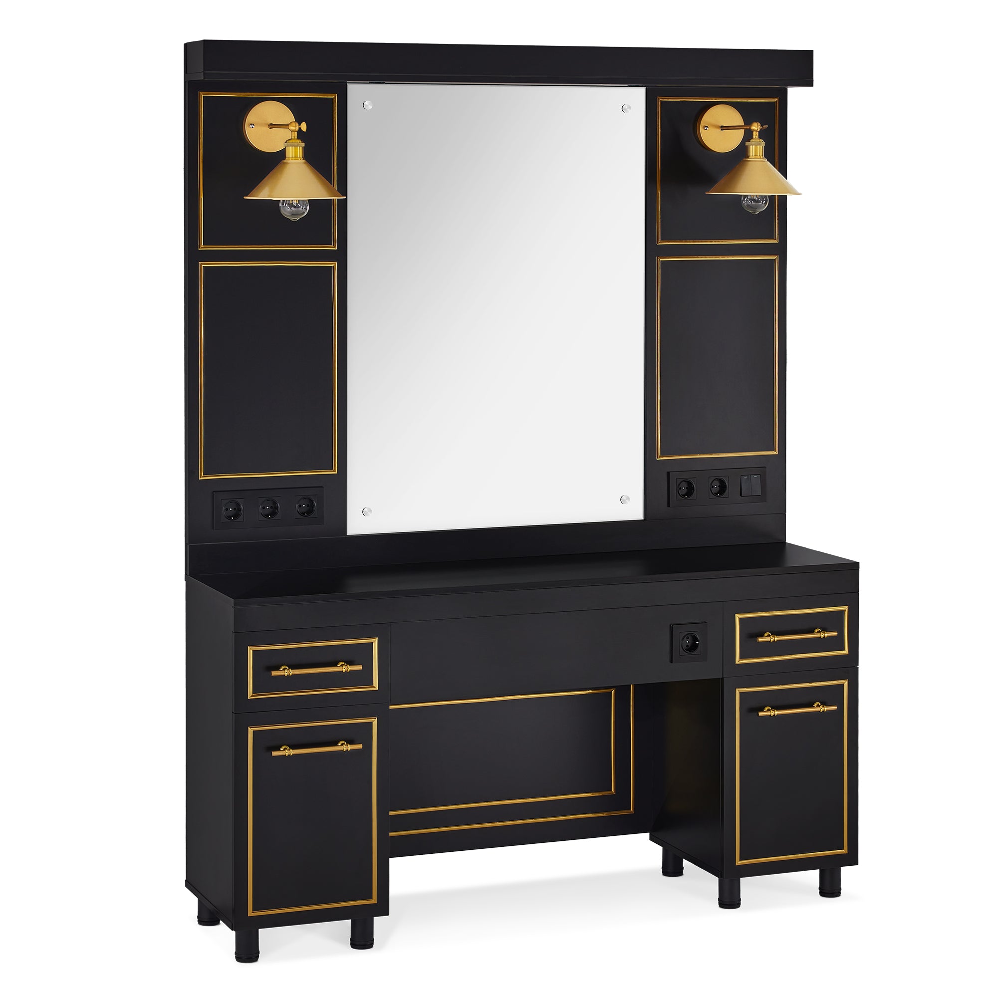 Coiffeuse BarberPub avec 2 tiroirs, coiffeuse avec miroir, station-service avec 2 armoires, armoire à miroir en bois, table miroir moderne, équipement de coiffure, 3161 (noir-or)