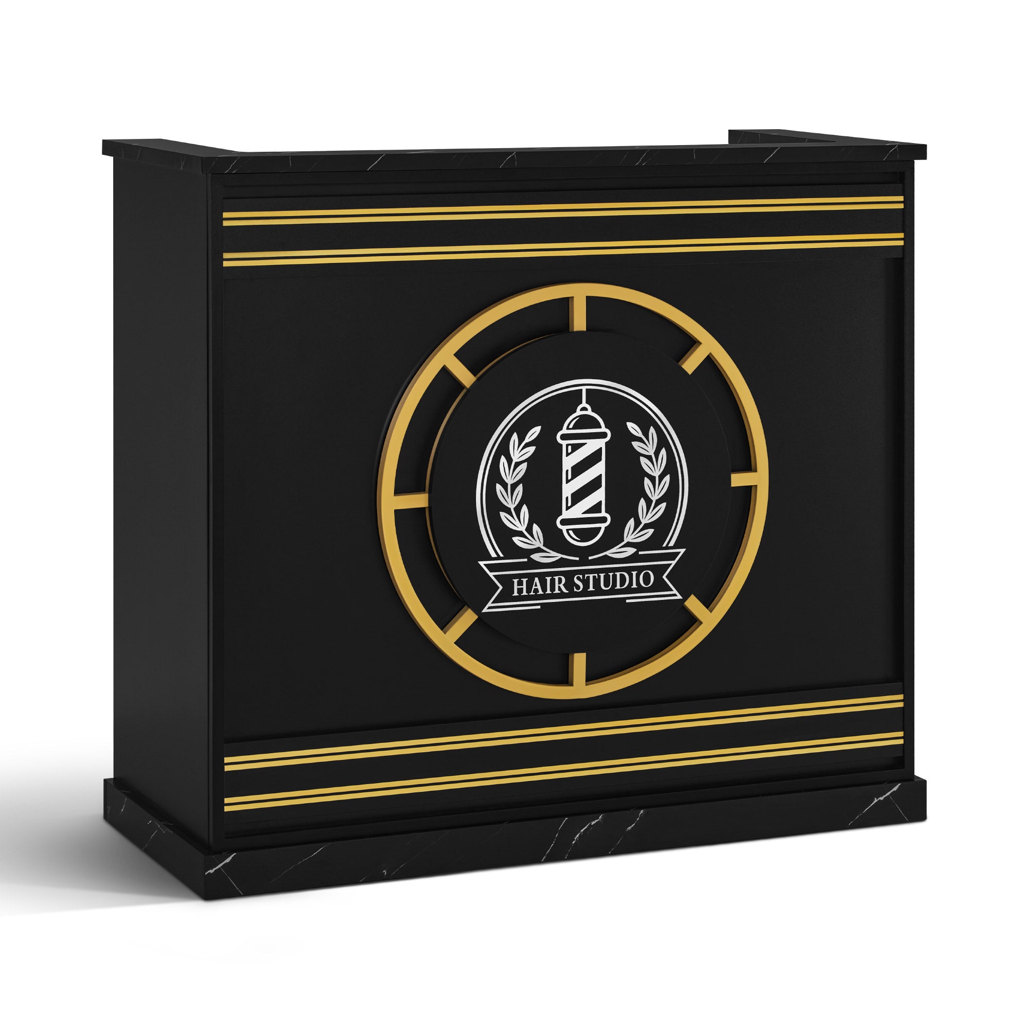 BarberPub Reception Desk with 2 Drawers & 2 Cabinets, Lockable Reception Table, Wooden Reception Counter, Reception Desk Cashier Counter for Hair Salon, 50x120x110cm, R9792 (Black-Gold)