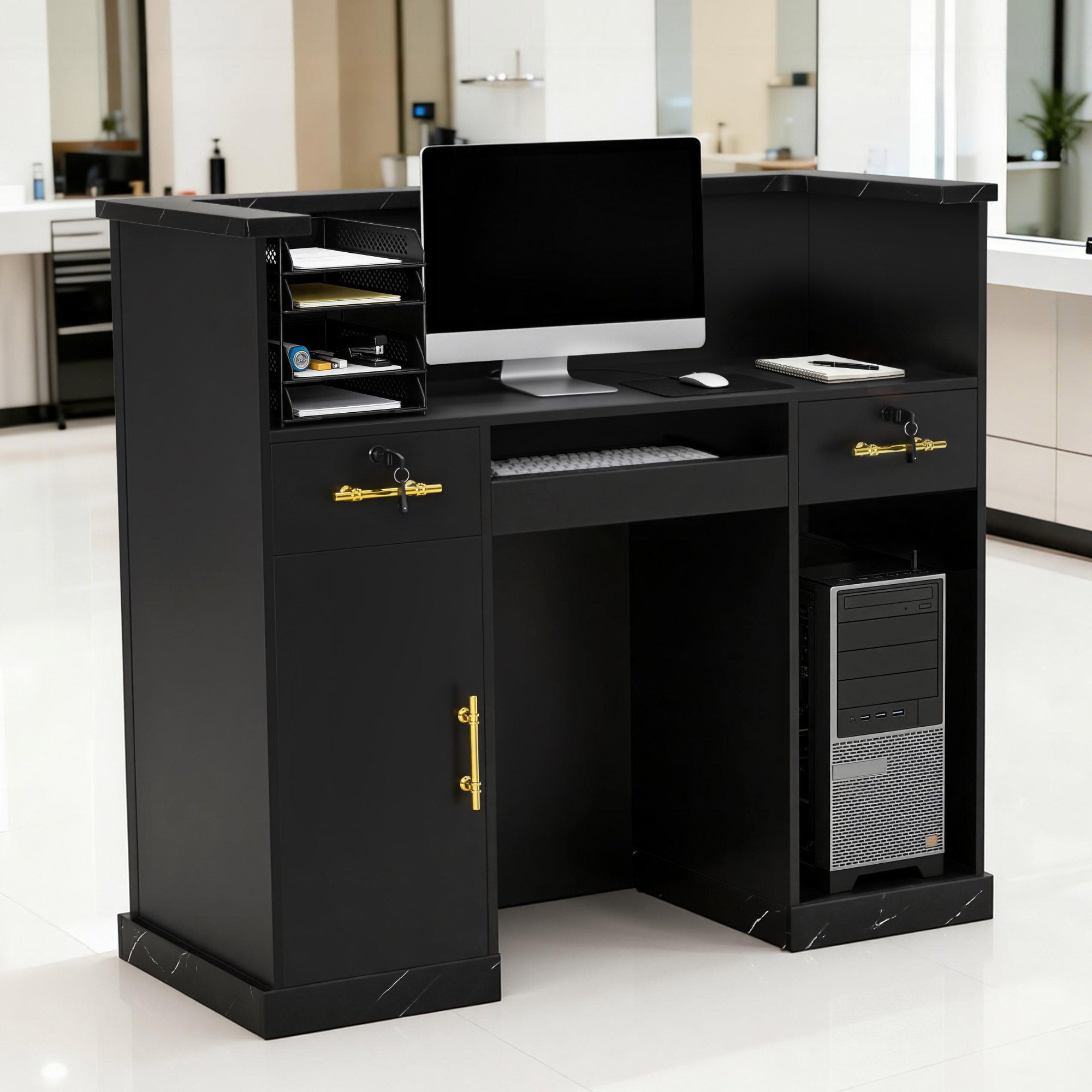 BarberPub Reception Desk with 2 Drawers & 2 Cabinets, Lockable Reception Table, Wooden Reception Counter, Reception Desk Cashier Counter for Hair Salon, 50x120x110cm, R9792 (Black-Gold)