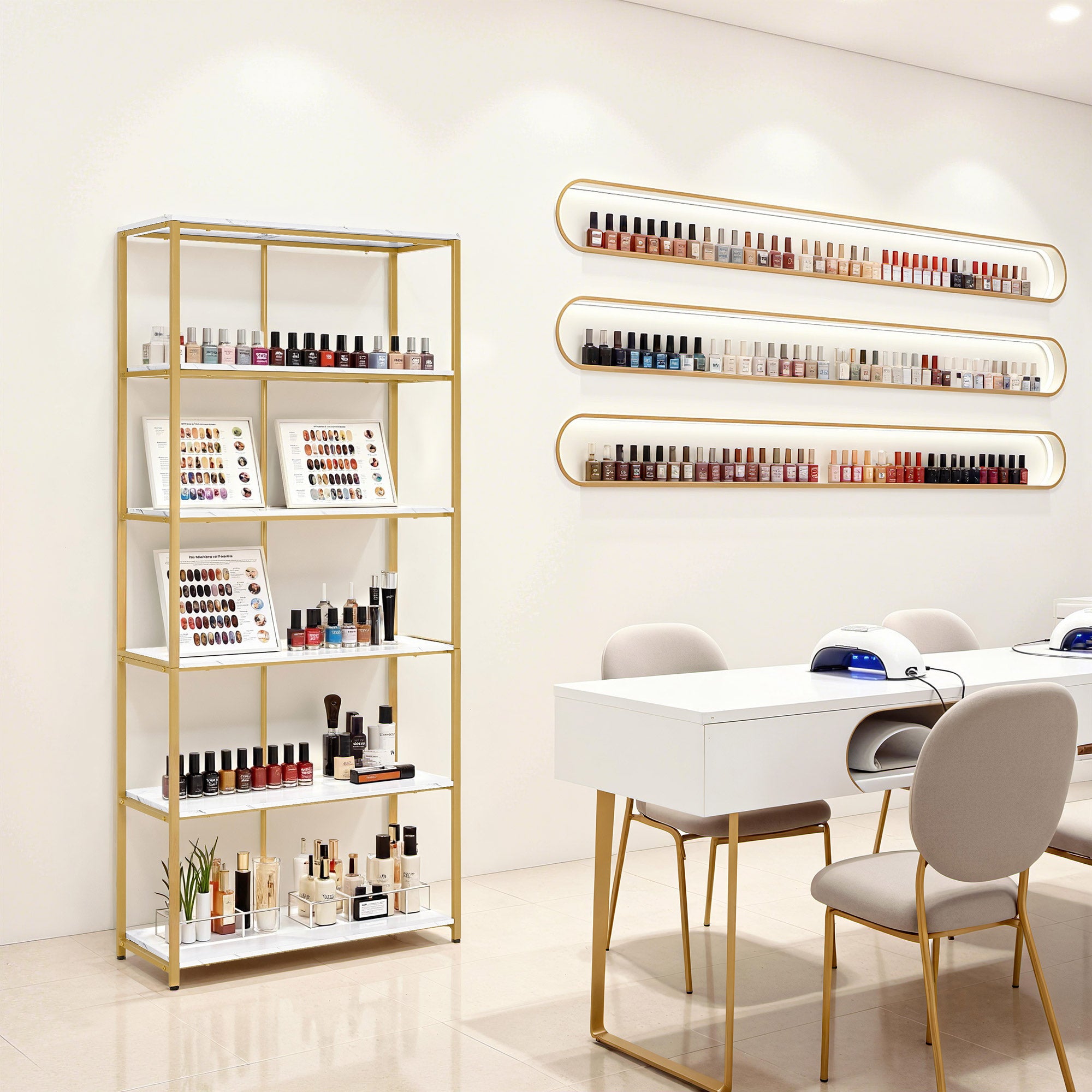 BarberPub Bücherregal Gold, Standregal mit 5 Ebenen, Büroregal mit Metallrahmen, Regal für Büro, Wohnzimmer, Schlafzimmer, Küche, Nagelstudio, Marmor-Weiß, 30x80x180cm, 5166