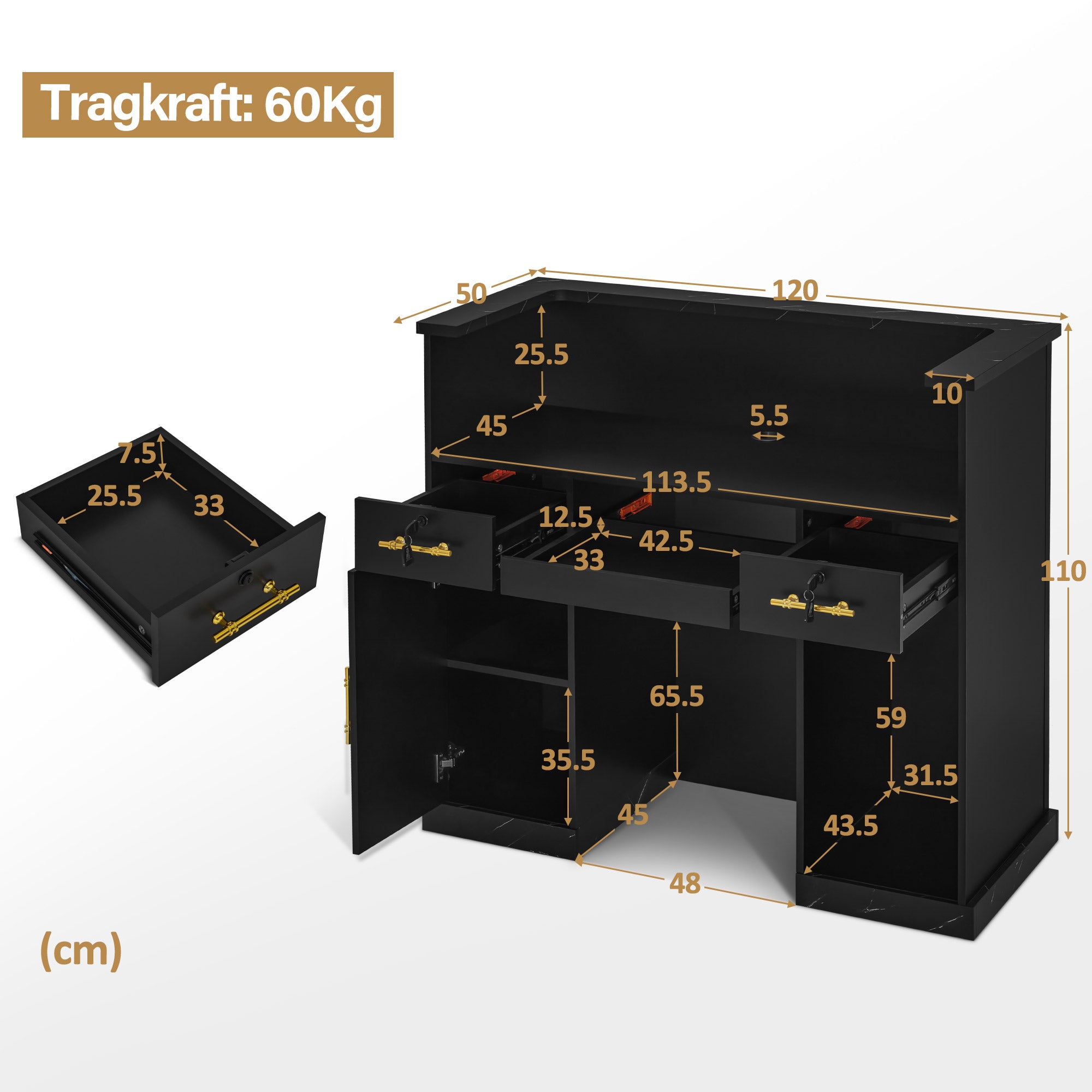 BarberPub Reception Desk with 2 Drawers & 2 Cabinets, Lockable Reception Table, Wooden Reception Counter, Reception Desk Cashier Counter for Hair Salon, 50x120x110cm, R9792 (Black-Gold)