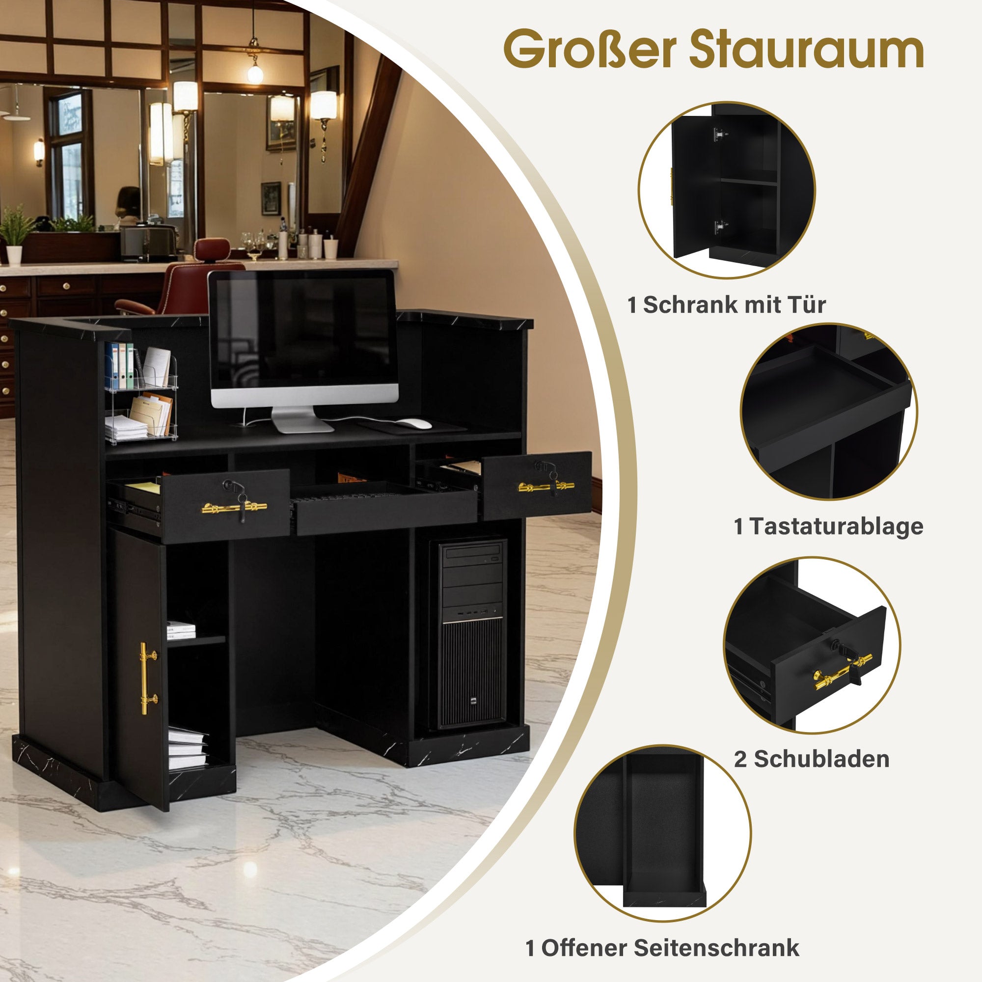 BarberPub Reception Desk with 2 Drawers & 2 Cabinets, Lockable Reception Table, Wooden Reception Counter, Reception Desk Cashier Counter for Hair Salon, 50x120x110cm, R9792 (Black-Gold)