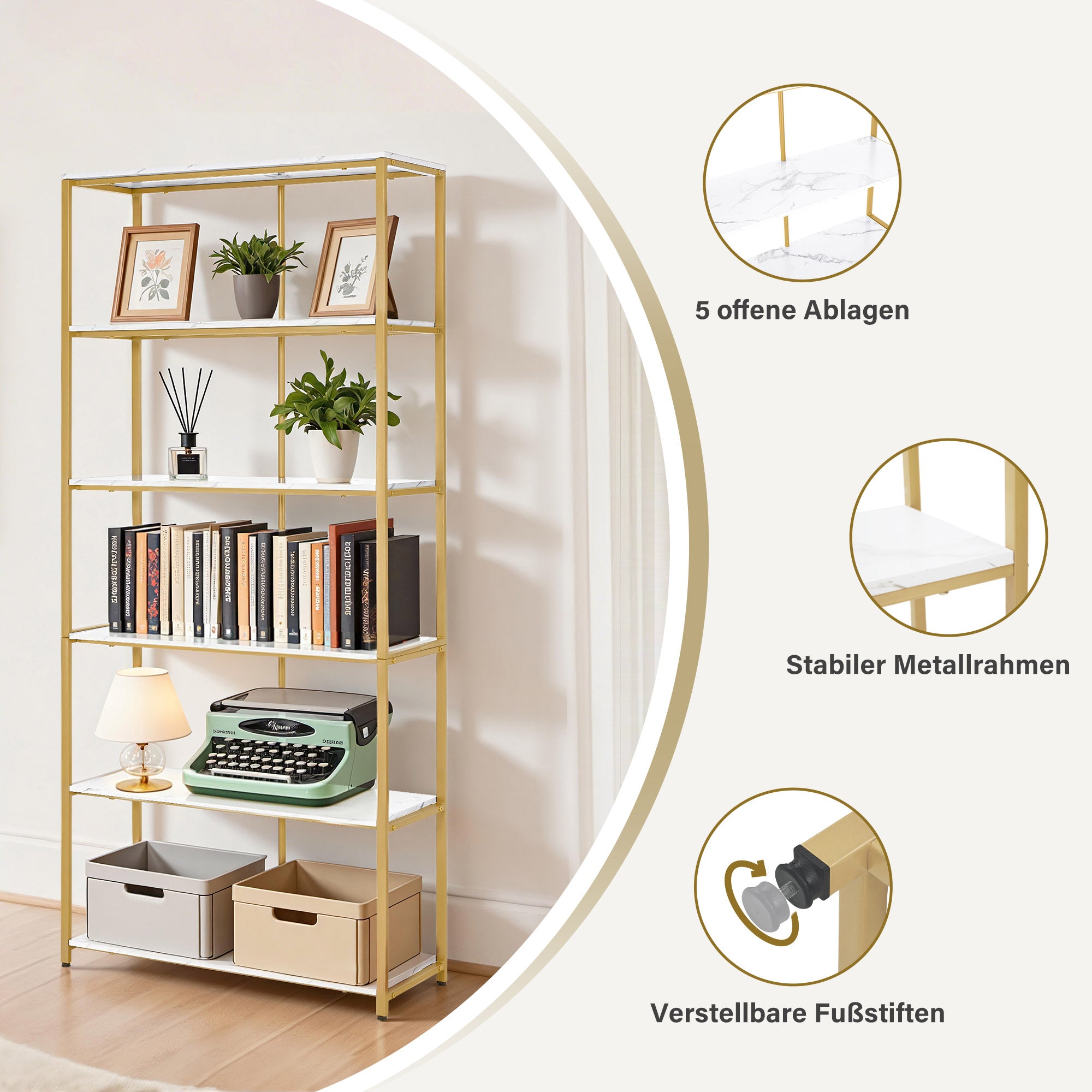 BarberPub Bücherregal Gold, Standregal mit 5 Ebenen, Büroregal mit Metallrahmen, Regal für Büro, Wohnzimmer, Schlafzimmer, Küche, Nagelstudio, Marmor-Weiß, 30x80x180cm, 5166
