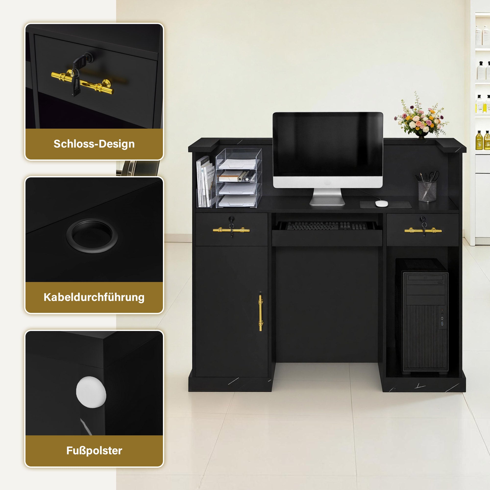 BarberPub Reception Desk with 2 Drawers & 2 Cabinets, Lockable Reception Table, Wooden Reception Counter, Reception Desk Cashier Counter for Hair Salon, 50x120x110cm, R9792 (Black-Gold)