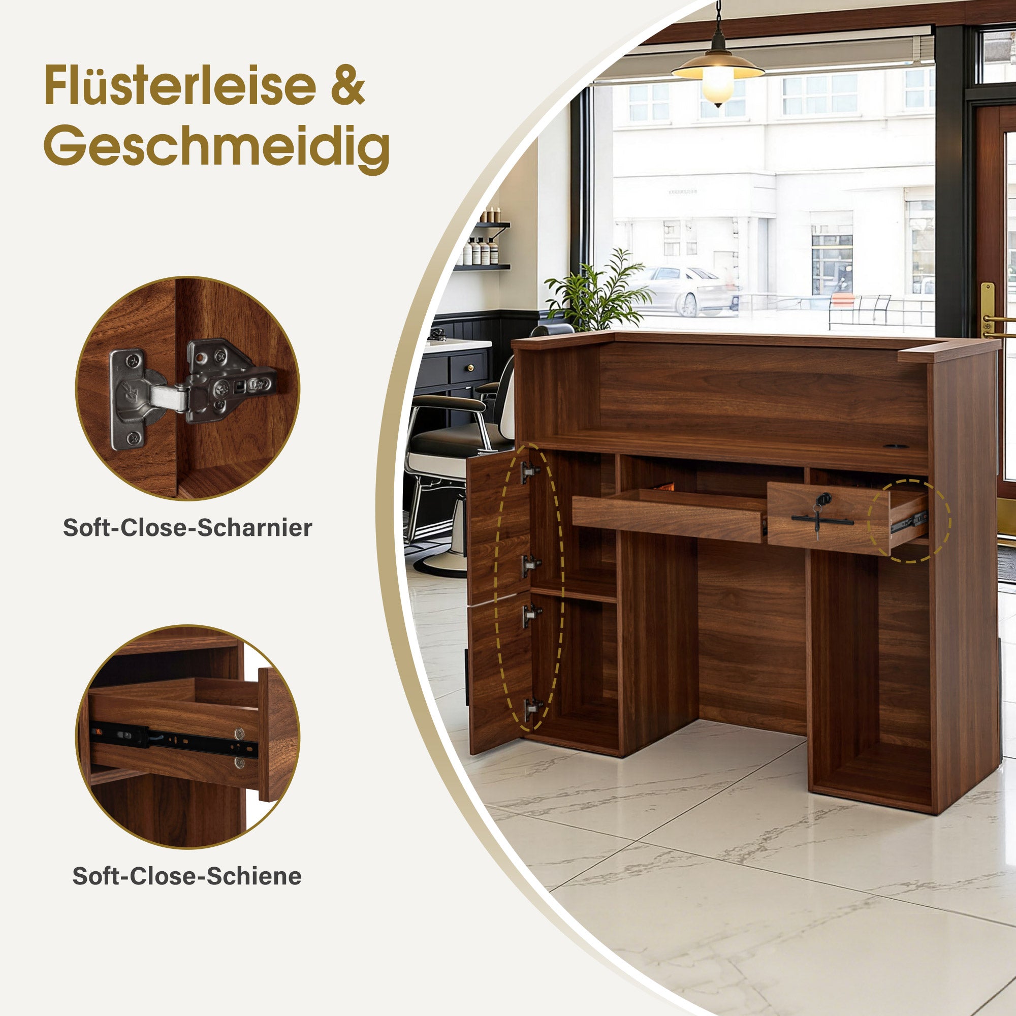 Comptoir d'accueil BarberPub avec 2 tiroirs et 3 armoires, bureau de réception verrouillable, comptoir d'accueil en bois, comptoir de caisse pour salon de coiffure, 55x120x110 cm, R9760 (Marron)