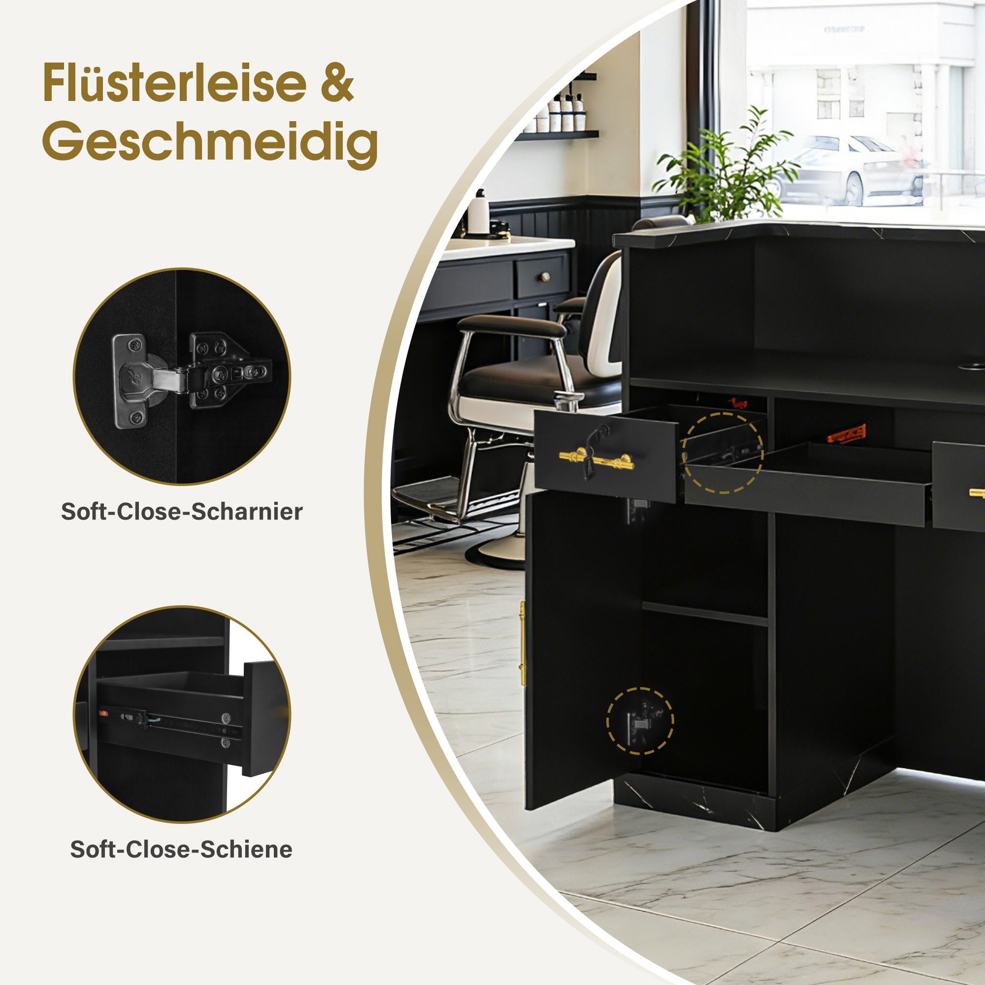 BarberPub Reception Desk with 2 Drawers & 2 Cabinets, Lockable Reception Table, Wooden Reception Counter, Reception Desk Cashier Counter for Hair Salon, 50x120x110cm, R9792 (Black-Gold)