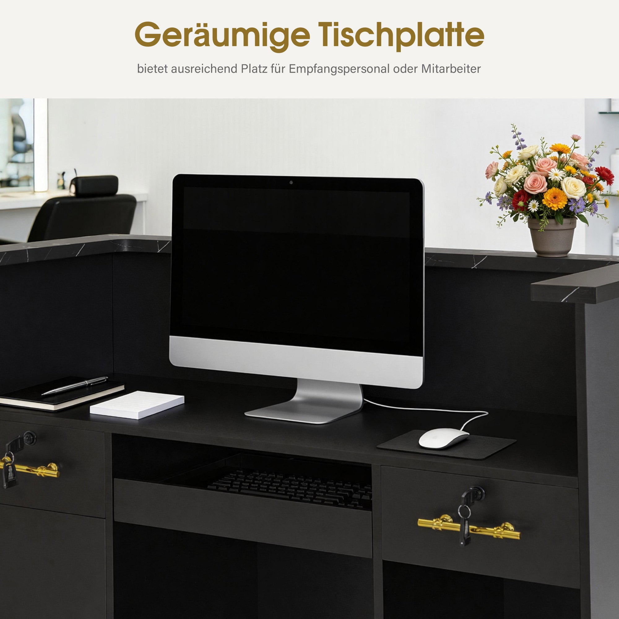 BarberPub Reception Desk with 2 Drawers & 2 Cabinets, Lockable Reception Table, Wooden Reception Counter, Reception Desk Cashier Counter for Hair Salon, 50x120x110cm, R9792 (Black-Gold)