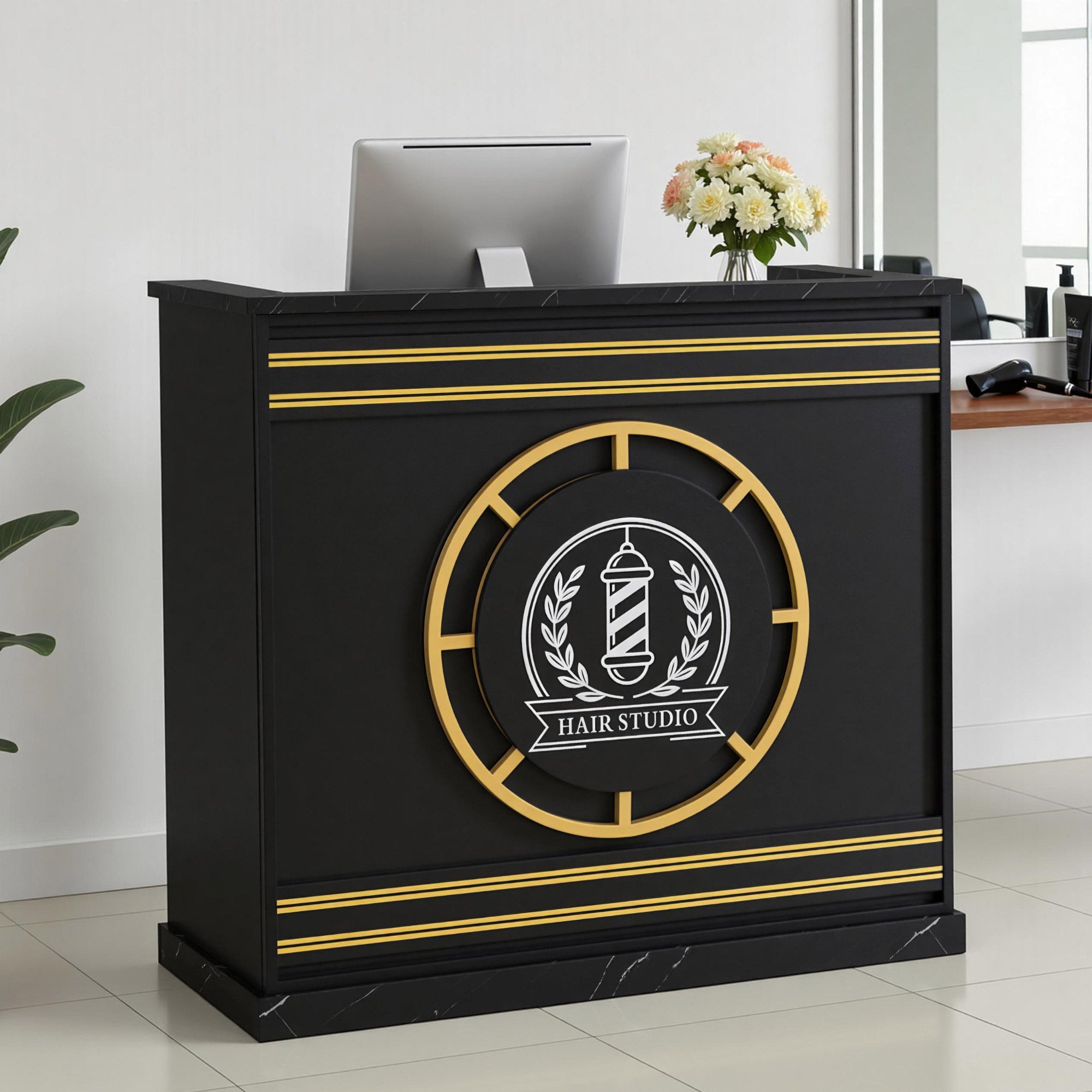 BarberPub Reception Desk with 2 Drawers & 2 Cabinets, Lockable Reception Table, Wooden Reception Counter, Reception Desk Cashier Counter for Hair Salon, 50x120x110cm, R9792 (Black-Gold)