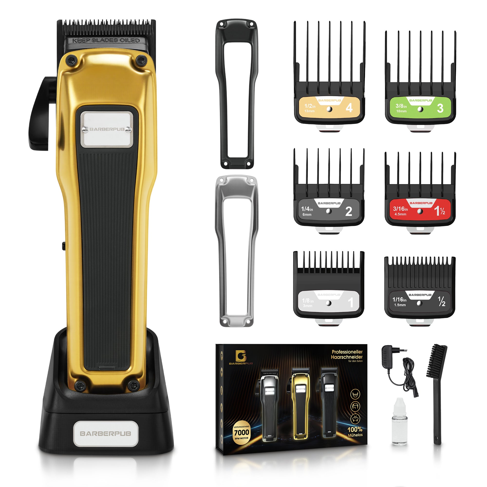 BarberPub Professional Hair Clippers, Men's Hair Trimmer with 6 Blades, 2 Casings & Charging Station, Hair Trimmer Adjustable Lever 0.5-2.0mm, Electric Beard Trimmer for Barbershop, HC176
