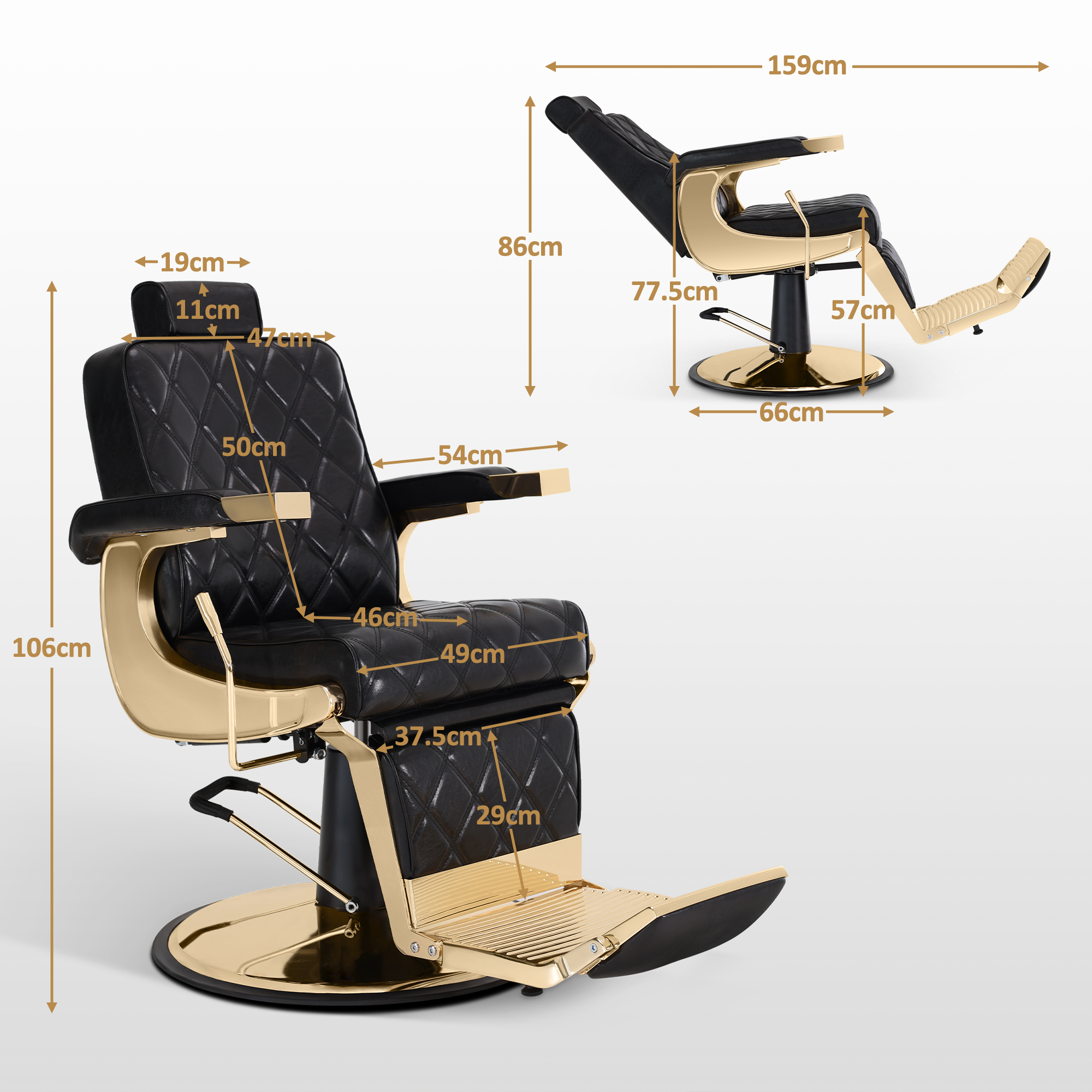 Fauteuil de coiffure Barberpub avec appui-tête inclinable, équipement de coiffure avec pompe hydraulique, pivotant à 360°, hauteur réglable, fauteuil de barbier, fauteuils de coiffure en simili cuir, 9671 (or-noir)