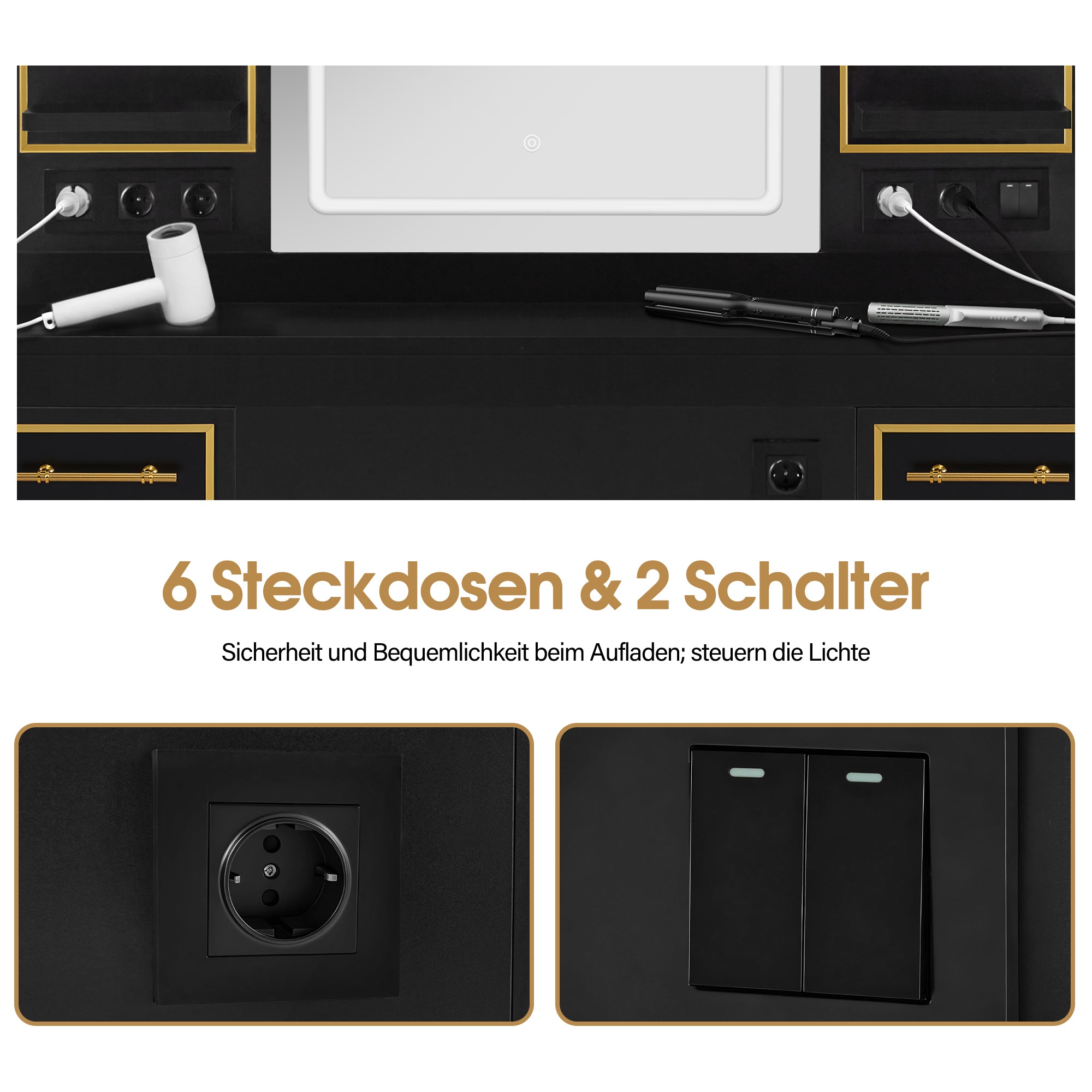 BarberPub Friseurplatz mit 2 Schubladen, Schminktisch mit Spiegel, Bedienungsplatz mit 4 Ablagen & 2 Schränken, Spiegelschrank aus Holz, Spiegeltisch mit Beleuchtung, 3161 (Schwarz-Gold)