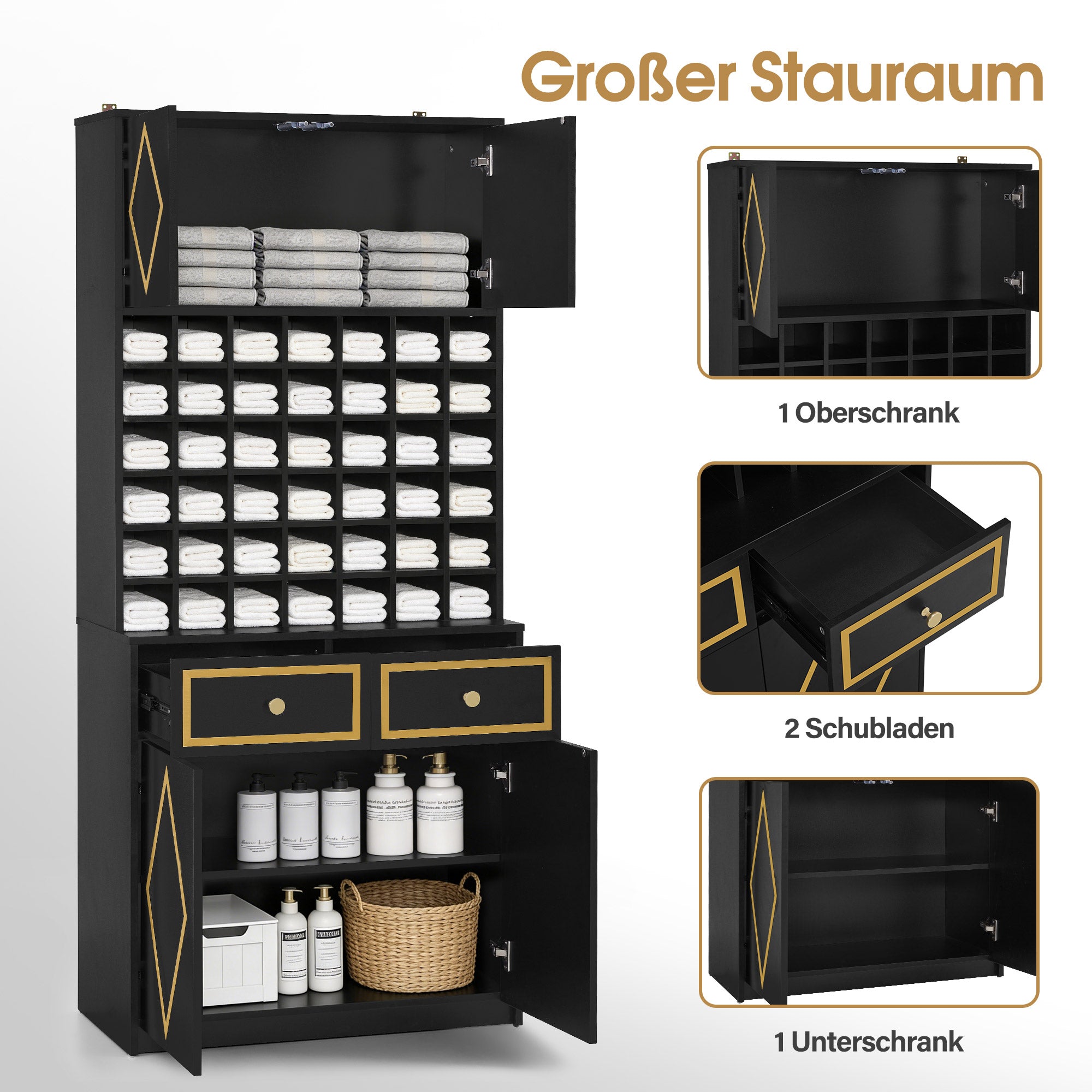 BarberPub Towel Cabinet with 2 Drawers, 42 Open Compartments & 4 Cabinets, Bathroom Cabinet Black, Tall Storage Cabinet Wood for Barbershop, Beauty Salon R6194/R6179