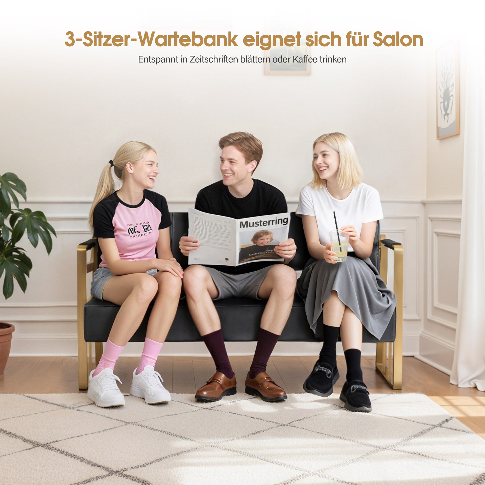 BarberPub 3-Sitzer Sitzbank mit goldenen Armlehne, Polsterbank mit Rückenlehne 140cm, Wartebank Friseur, Wohnzimmerbank, Friseureinrichtung W528 (Schwarz-Gold/Kunstleder)