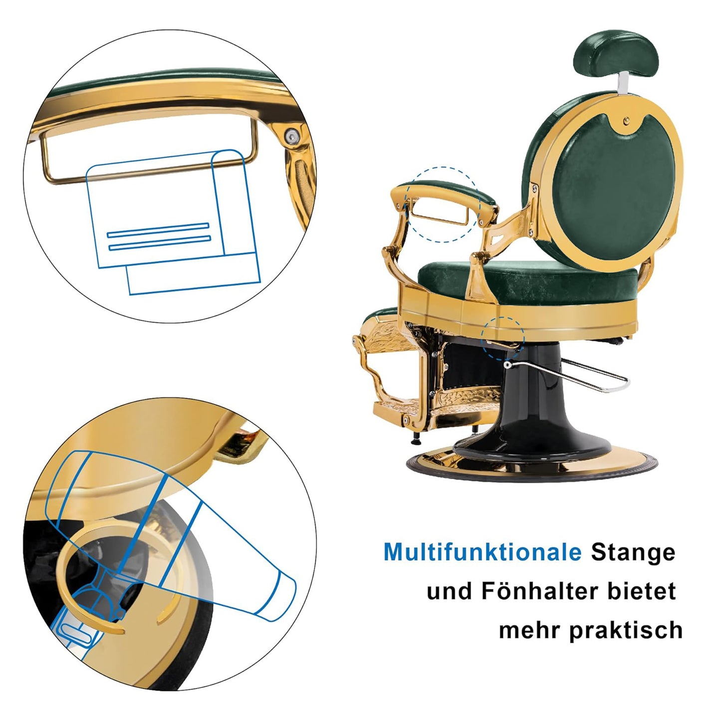 Barberpub Friseurstuhl hydraulische Friseursessel 2933, mit Retro/ Vintage Stil, 360° drehbar, Kunstleder, Goldrahmen/ Roségold Rahmen, 113 × 68 × 109 cm