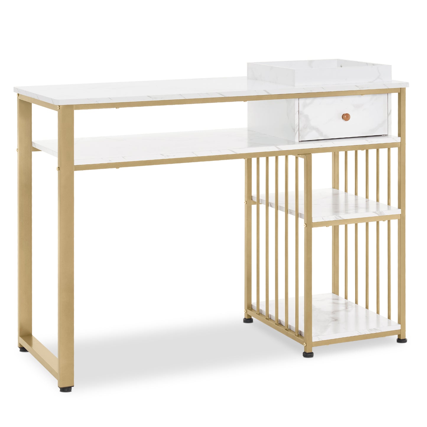 BarberPub Schminktisch mit Schubladen, Nageltisch mit Regal, Manikürtisch aus Holz Metallgestell, Schminktisch ohne Spiegel Wohnzimmer Modern, Marmor-Weiß Gold, 45 x 110 x 80.5cm, 2498
