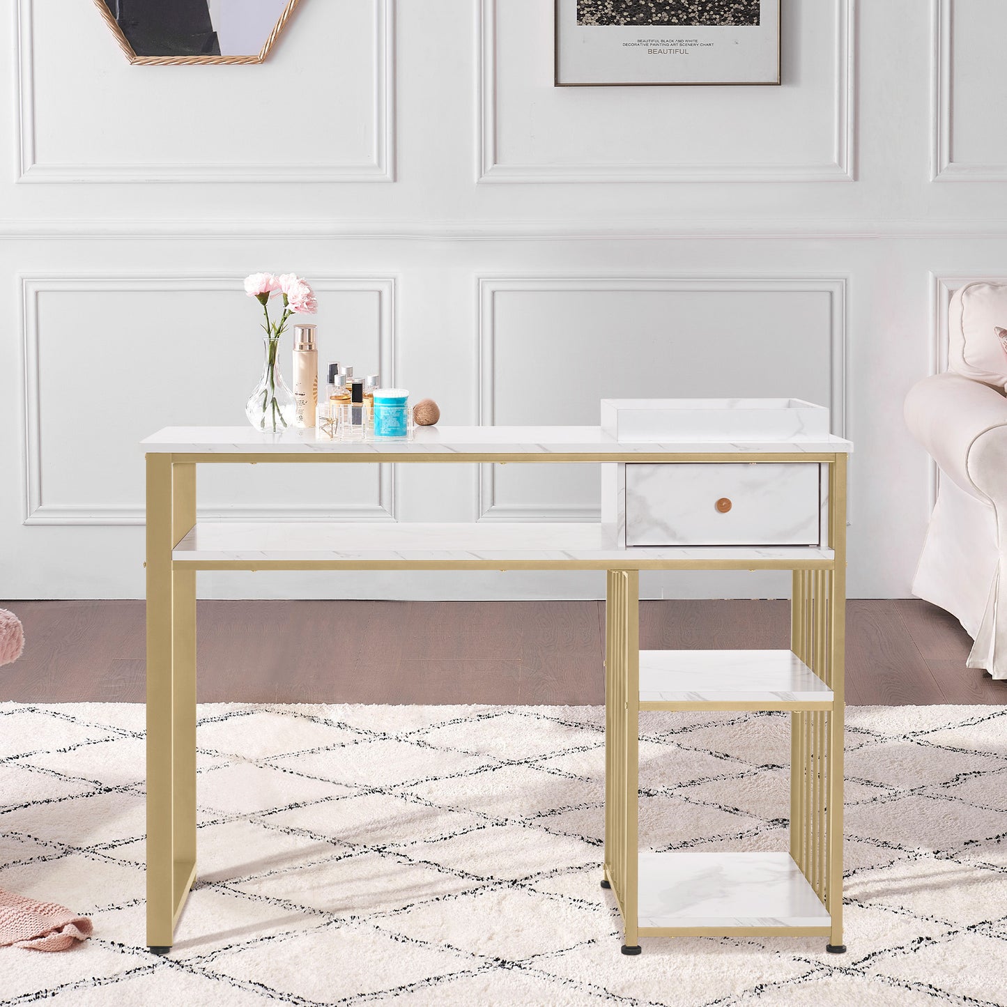 BarberPub Schminktisch mit Schubladen, Nageltisch mit Regal, Manikürtisch aus Holz Metallgestell, Schminktisch ohne Spiegel Wohnzimmer Modern, Marmor-Weiß Gold, 45 x 110 x 80.5cm, 2498