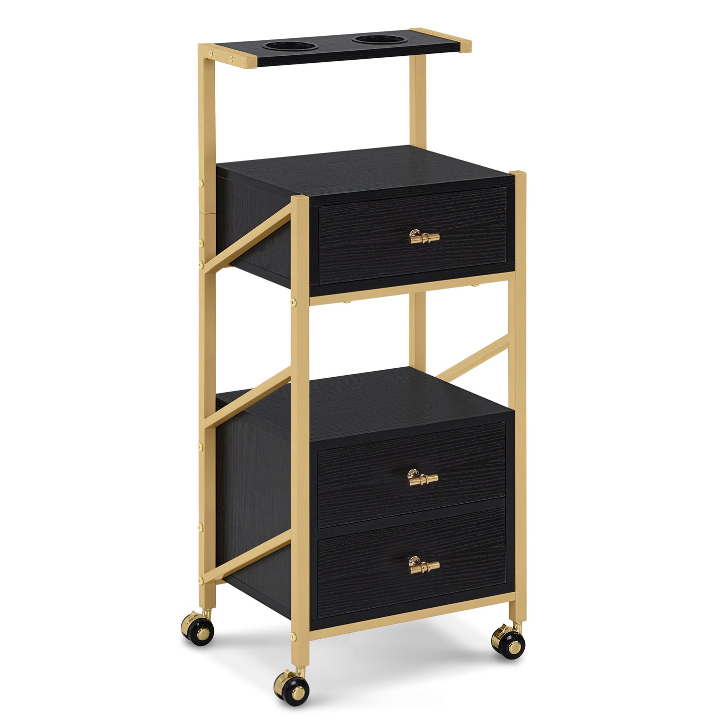 Barberpub Friseurwagen mit Rollen & 3 Schubladen, Rollwagen Servierwagen Weiß-Gold, Salon Trolley mit 2 Ablagen & 2 Föhnhalter, Moderner Arbeitswagen für Bad Wohnzimmer, 30x40x97cm, 0048
