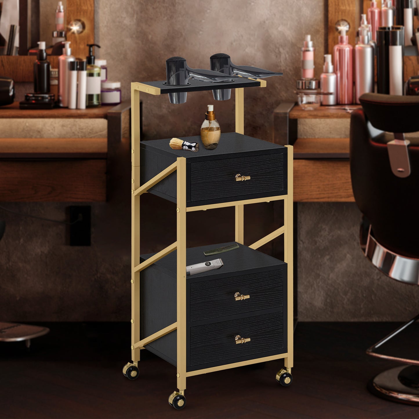Barberpub Friseurwagen mit Rollen & 3 Schubladen, Rollwagen Servierwagen Weiß-Gold, Salon Trolley mit 2 Ablagen & 2 Föhnhalter, Moderner Arbeitswagen für Bad Wohnzimmer, 30x40x97cm, 0048