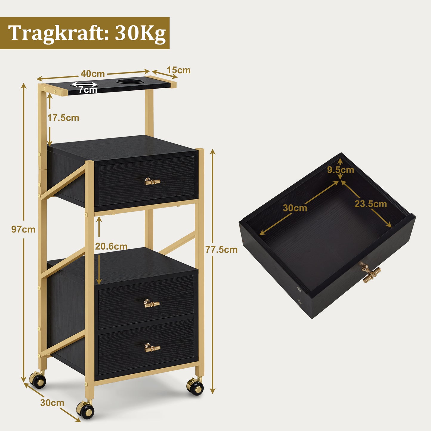 Barberpub Friseurwagen mit Rollen & 3 Schubladen, Rollwagen Servierwagen Weiß-Gold, Salon Trolley mit 2 Ablagen & 2 Föhnhalter, Moderner Arbeitswagen für Bad Wohnzimmer, 30x40x97cm, 0048