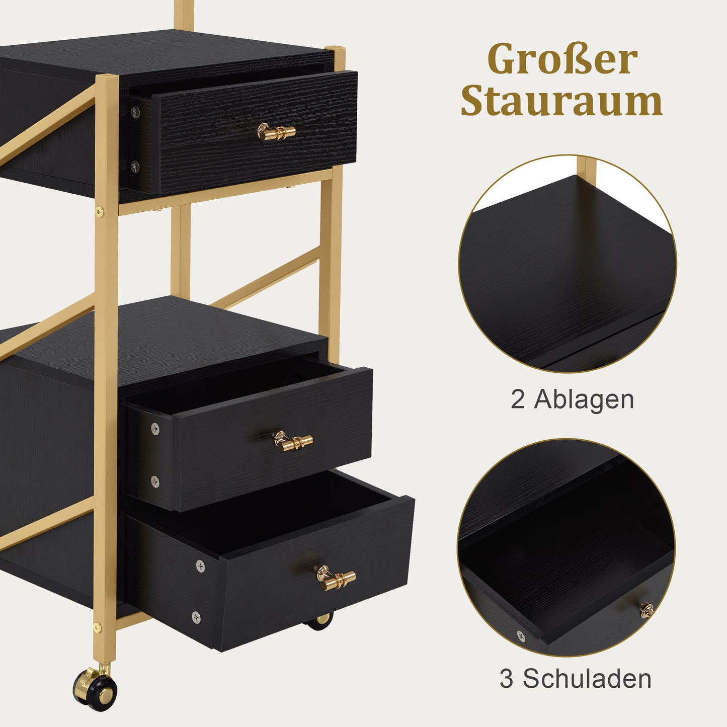 Barberpub Friseurwagen mit Rollen & 3 Schubladen, Rollwagen Servierwagen Weiß-Gold, Salon Trolley mit 2 Ablagen & 2 Föhnhalter, Moderner Arbeitswagen für Bad Wohnzimmer, 30x40x97cm, 0048