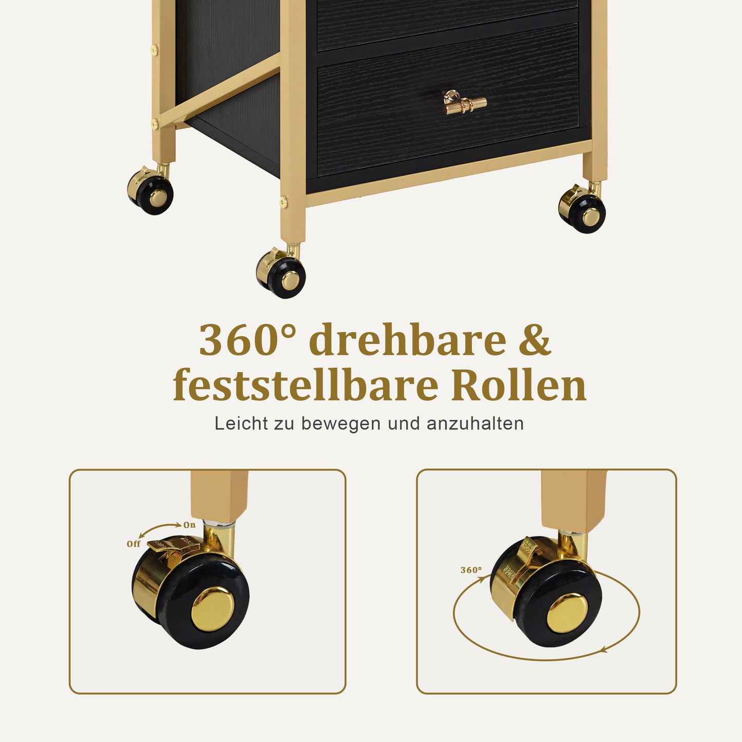 Barberpub Friseurwagen mit Rollen & 3 Schubladen, Rollwagen Servierwagen Weiß-Gold, Salon Trolley mit 2 Ablagen & 2 Föhnhalter, Moderner Arbeitswagen für Bad Wohnzimmer, 30x40x97cm, 0048