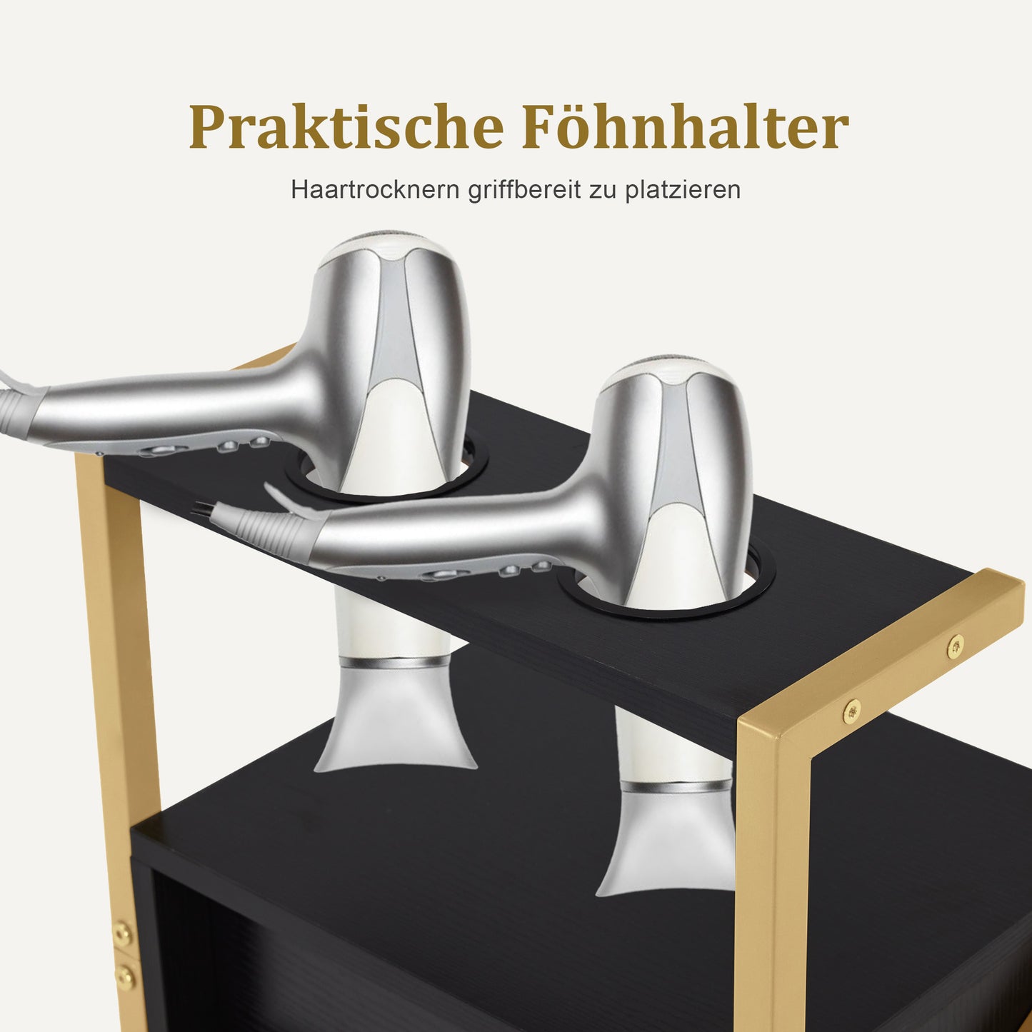 Barberpub Friseurwagen mit Rollen & 3 Schubladen, Rollwagen Servierwagen Weiß-Gold, Salon Trolley mit 2 Ablagen & 2 Föhnhalter, Moderner Arbeitswagen für Bad Wohnzimmer, 30x40x97cm, 0048