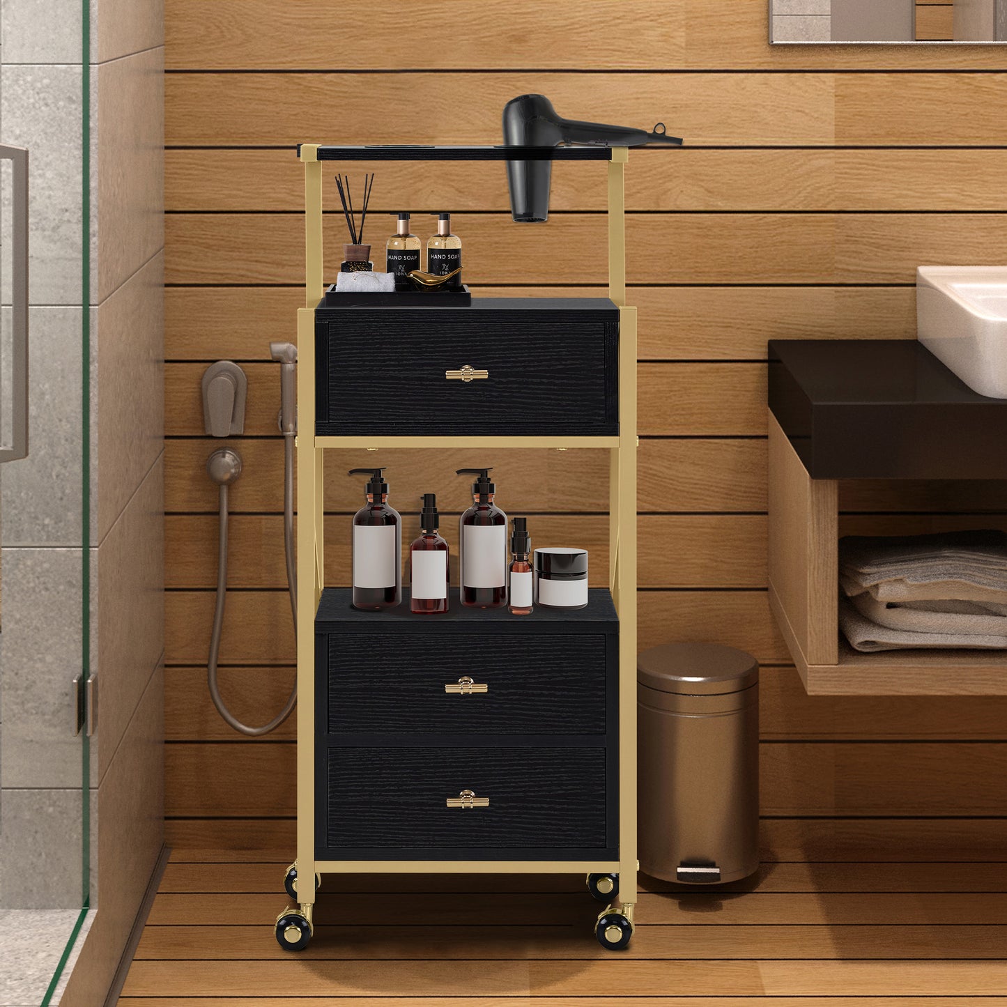 Barberpub Friseurwagen mit Rollen & 3 Schubladen, Rollwagen Servierwagen Weiß-Gold, Salon Trolley mit 2 Ablagen & 2 Föhnhalter, Moderner Arbeitswagen für Bad Wohnzimmer, 30x40x97cm, 0048