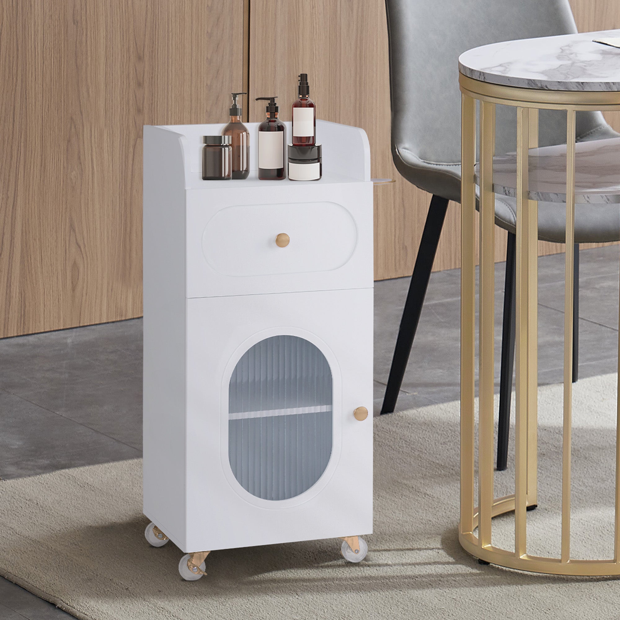 Chariot de coiffure Barberpub avec roulettes et tiroirs, chariot de service roulant blanc, chariot de salon avec 3 étagères et support pour sèche-cheveux, chariot de travail moderne pour salle de bain, salon, 31,4 x 37 x 85,5 cm, 0051
