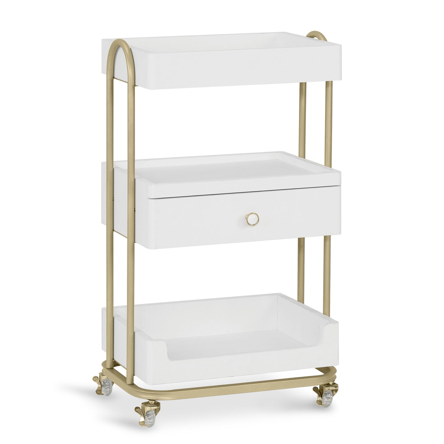 BarberPub Servierwagen mit Rollen & Schublade, Rollwagen Friseurwagen Weiß-Gold, Salon Trolley mit 3 Ablagen, Moderner Arbeitswagen für Bad Wohnzimmer, 37x51x87cm, 0093