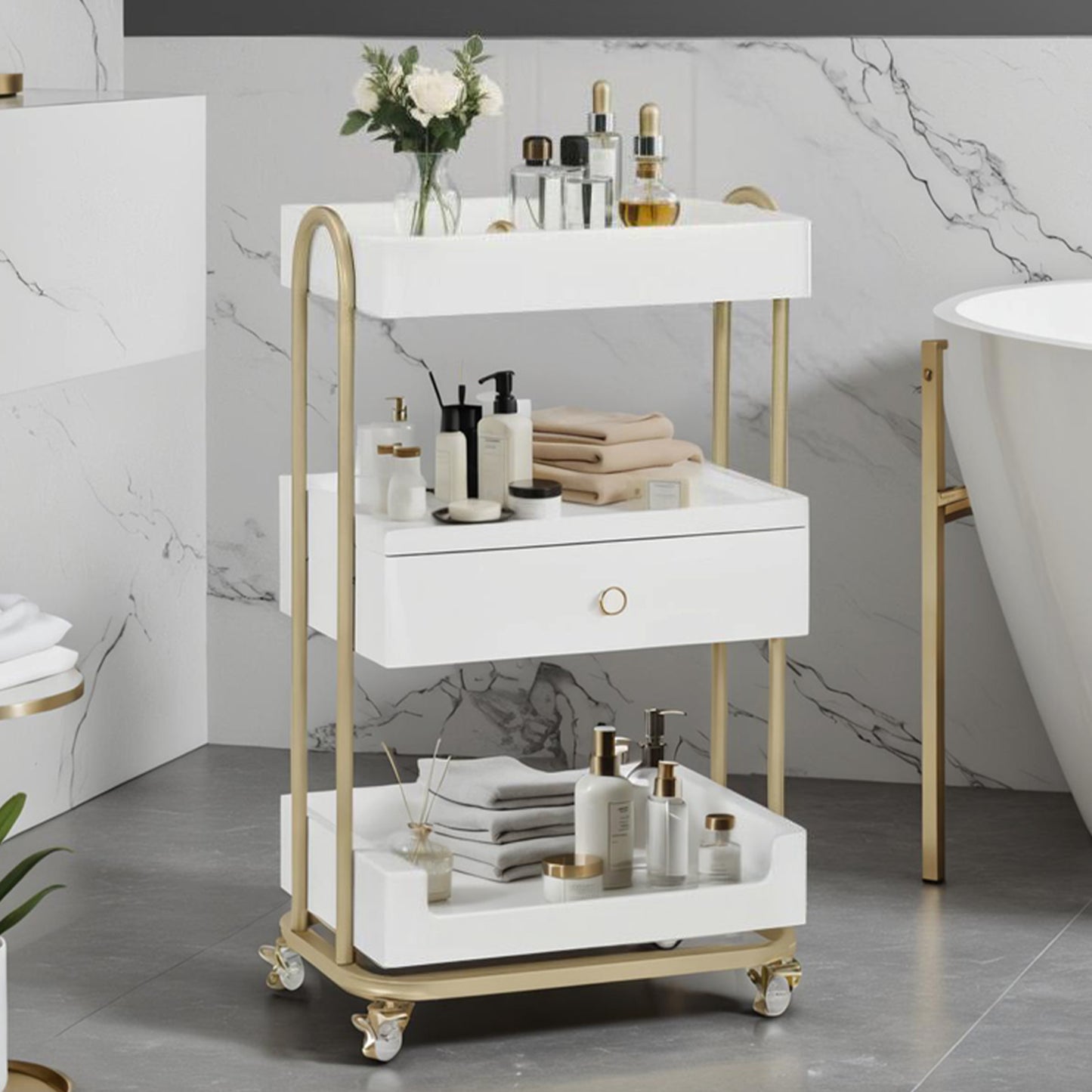 BarberPub Servierwagen mit Rollen & Schublade, Rollwagen Friseurwagen Weiß-Gold, Salon Trolley mit 3 Ablagen, Moderner Arbeitswagen für Bad Wohnzimmer, 37x51x87cm, 0093