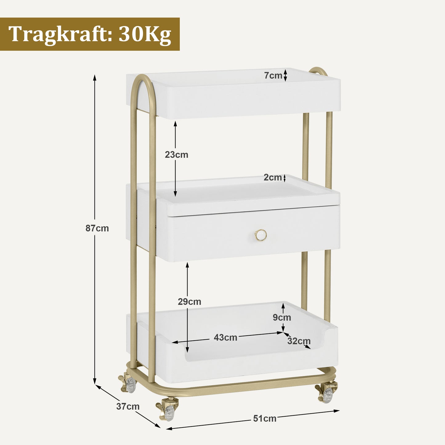 BarberPub Servierwagen mit Rollen & Schublade, Rollwagen Friseurwagen Weiß-Gold, Salon Trolley mit 3 Ablagen, Moderner Arbeitswagen für Bad Wohnzimmer, 37x51x87cm, 0093