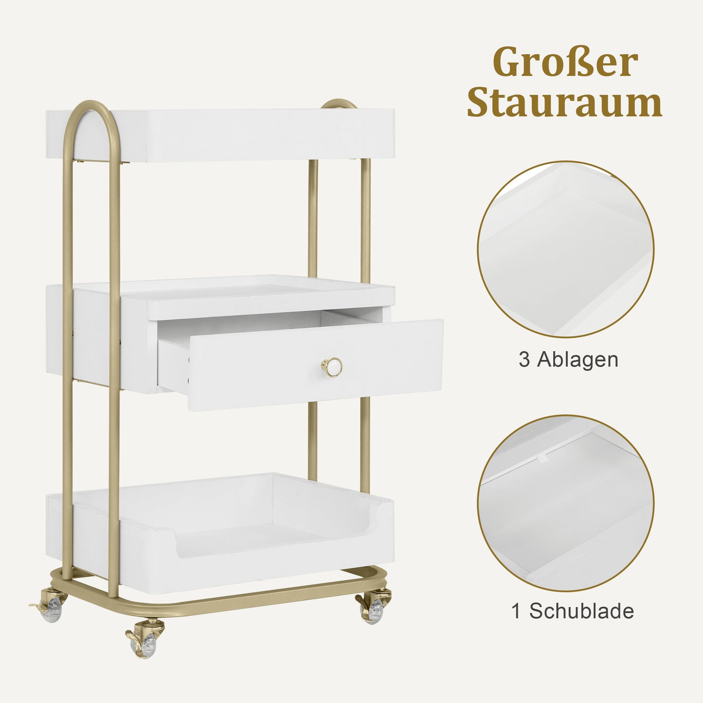 BarberPub Servierwagen mit Rollen & Schublade, Rollwagen Friseurwagen Weiß-Gold, Salon Trolley mit 3 Ablagen, Moderner Arbeitswagen für Bad Wohnzimmer, 37x51x87cm, 0093