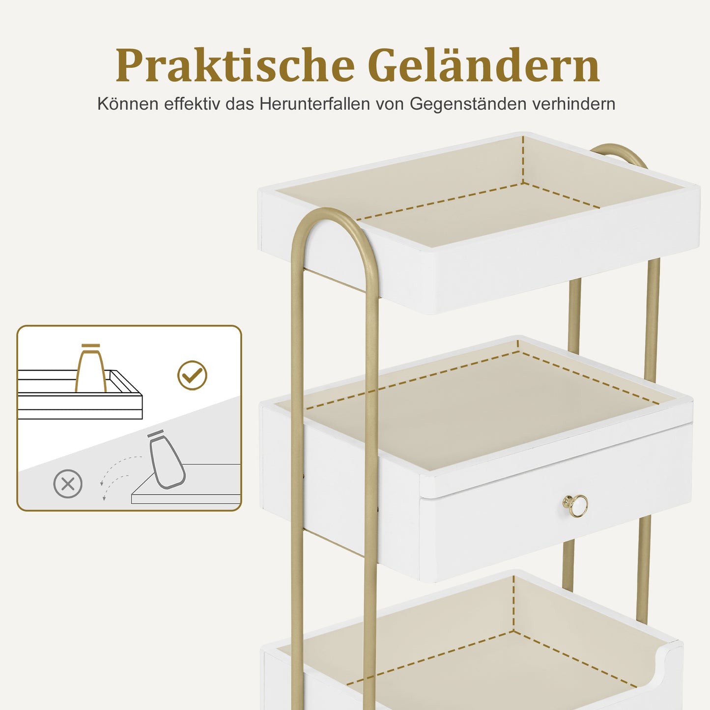 BarberPub Servierwagen mit Rollen & Schublade, Rollwagen Friseurwagen Weiß-Gold, Salon Trolley mit 3 Ablagen, Moderner Arbeitswagen für Bad Wohnzimmer, 37x51x87cm, 0093