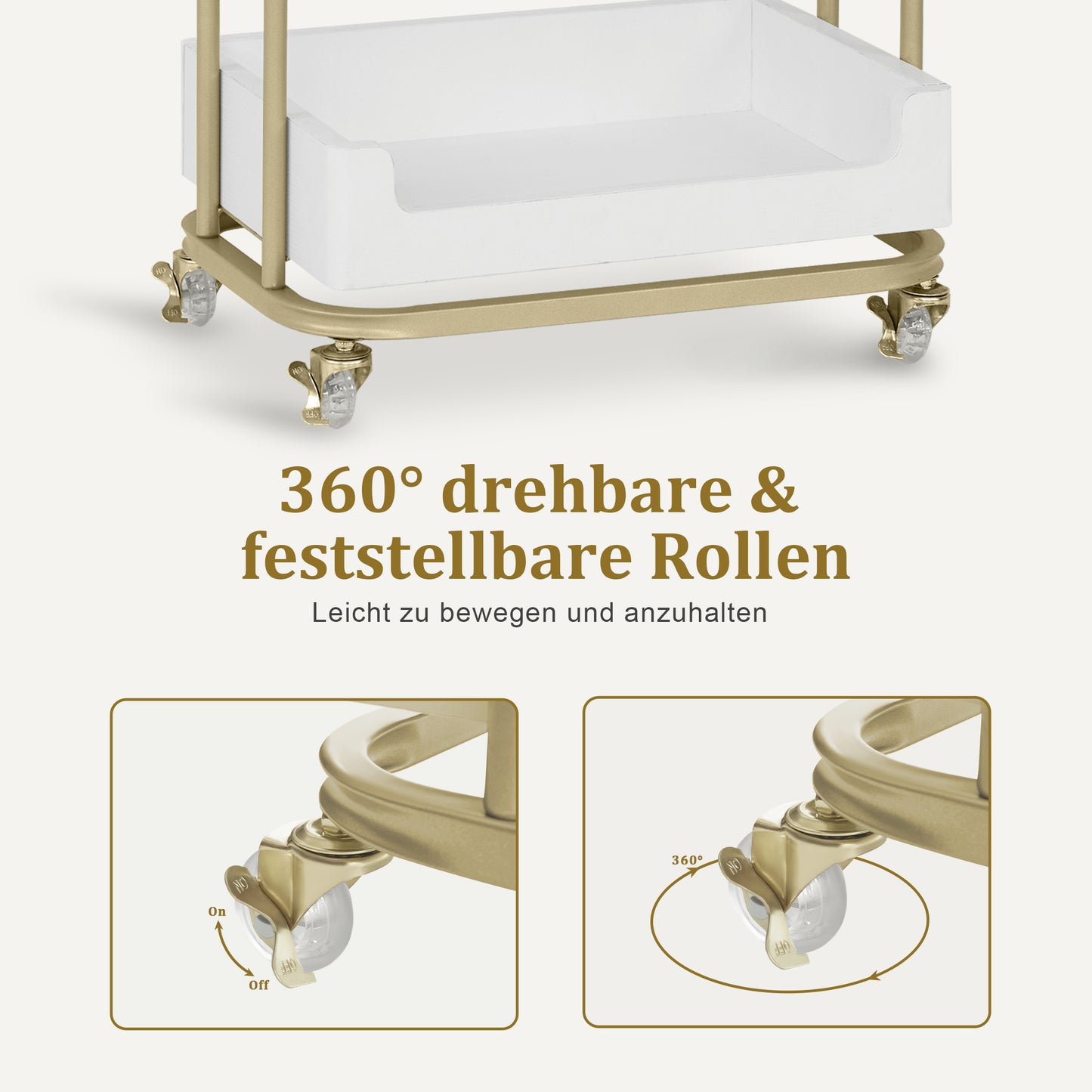 BarberPub Servierwagen mit Rollen & Schublade, Rollwagen Friseurwagen Weiß-Gold, Salon Trolley mit 3 Ablagen, Moderner Arbeitswagen für Bad Wohnzimmer, 37x51x87cm, 0093