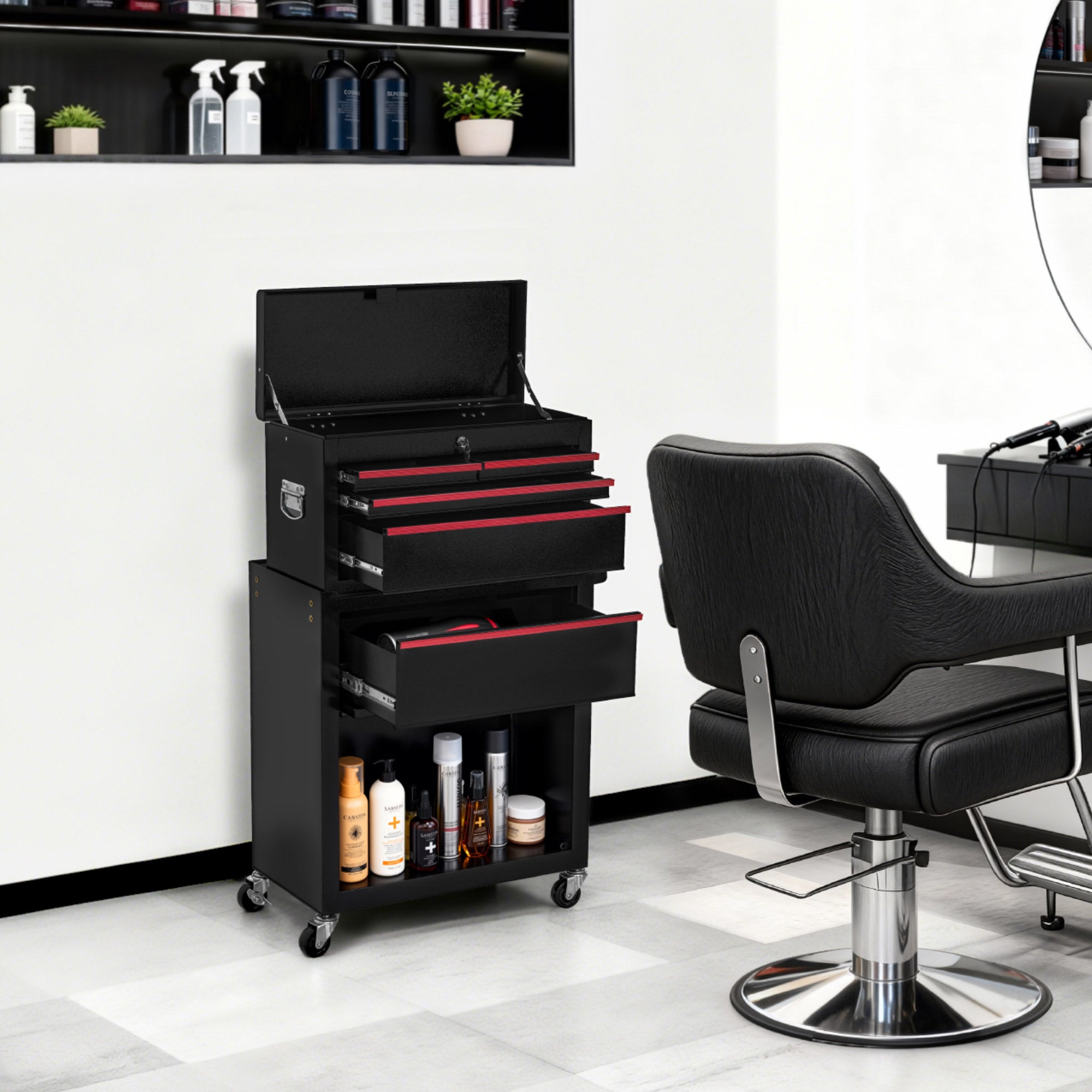 BarberPub 2 in 1 Friseurwagen mit 5 Schubladen, Schrank & 6 Haken, Bedienungswagen mit Rollen, Friseur Arbeitswagen Abschließbar, Beauty Salon Trolley Metall, Rollwagen Stapelboy, 33x70x108cm, 0097