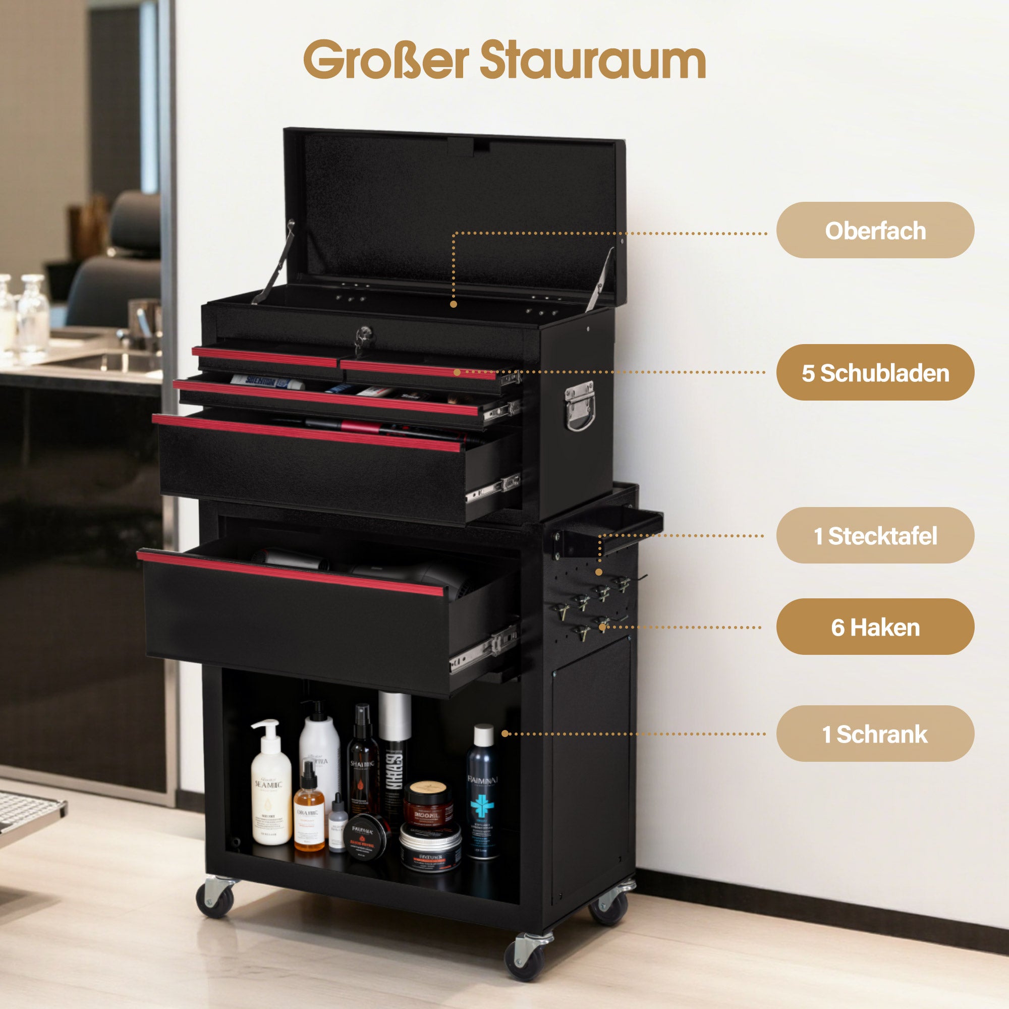 BarberPub 2 in 1 Friseurwagen mit 5 Schubladen, Schrank & 6 Haken, Bedienungswagen mit Rollen, Friseur Arbeitswagen Abschließbar, Beauty Salon Trolley Metall, Rollwagen Stapelboy, 33x70x108cm, 0097