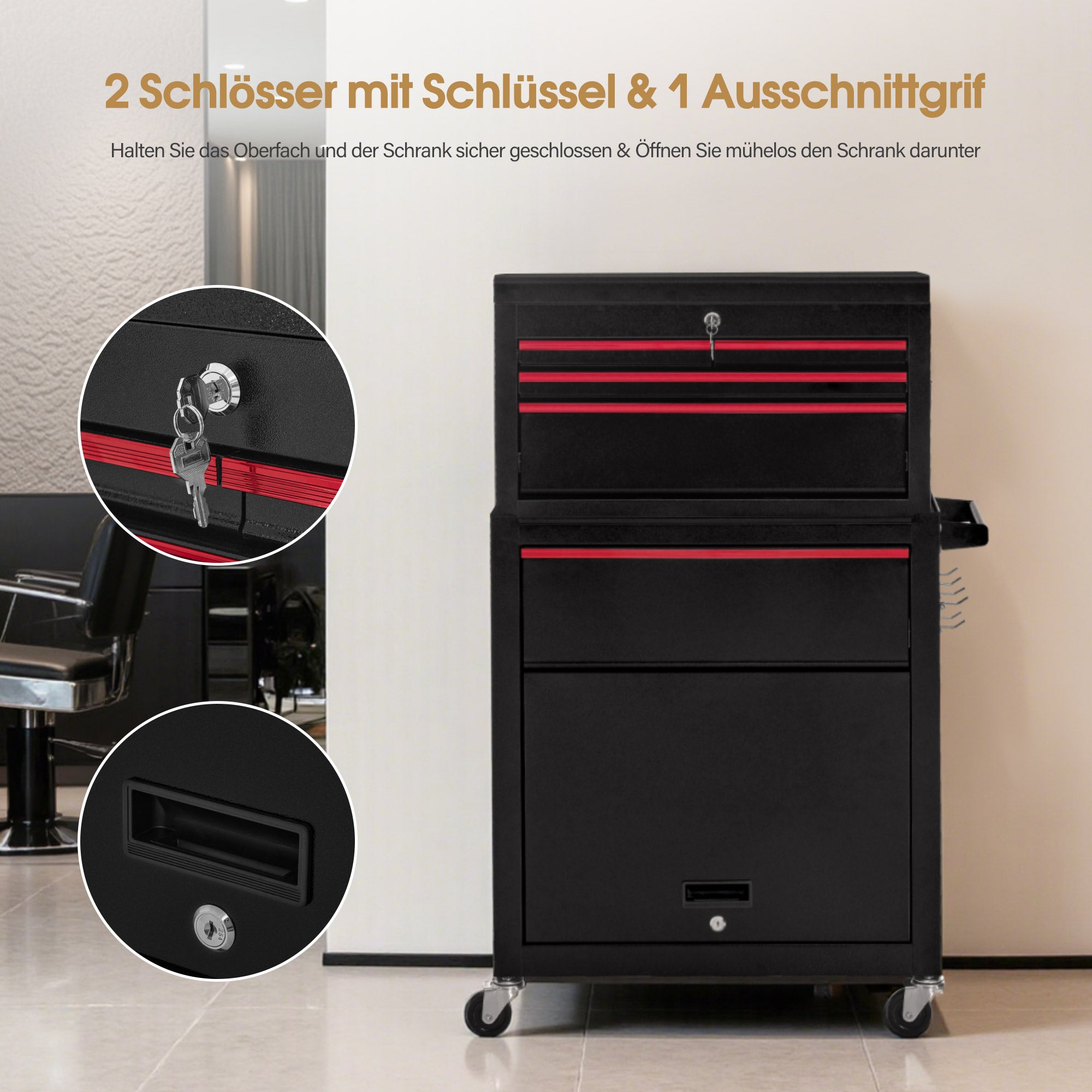 BarberPub 2 in 1 Friseurwagen mit 5 Schubladen, Schrank & 6 Haken, Bedienungswagen mit Rollen, Friseur Arbeitswagen Abschließbar, Beauty Salon Trolley Metall, Rollwagen Stapelboy, 33x70x108cm, 0097