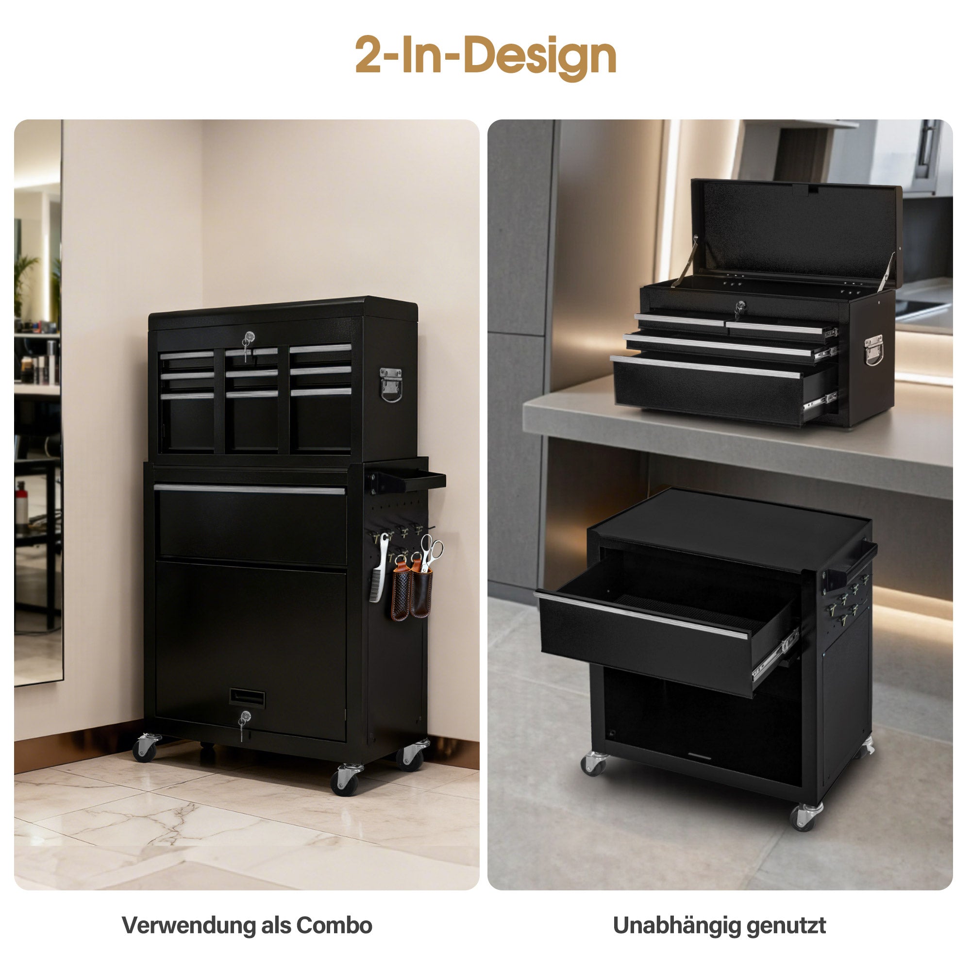 BarberPub 2 in 1 Friseurwagen mit 5 Schubladen, Schrank & 6 Haken, Bedienungswagen mit Rollen, Friseur Arbeitswagen Abschließbar, Beauty Salon Trolley Metall, Rollwagen Stapelboy, 33x70x108cm, 0097