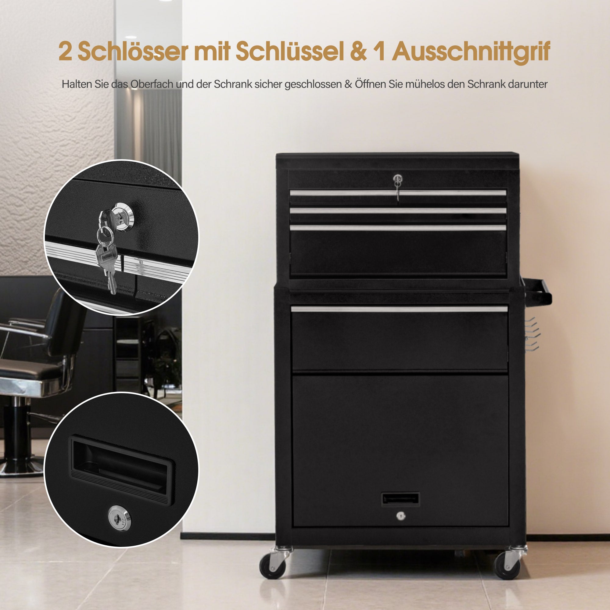 BarberPub 2 in 1 Friseurwagen mit 5 Schubladen, Schrank & 6 Haken, Bedienungswagen mit Rollen, Friseur Arbeitswagen Abschließbar, Beauty Salon Trolley Metall, Rollwagen Stapelboy, 33x70x108cm, 0097