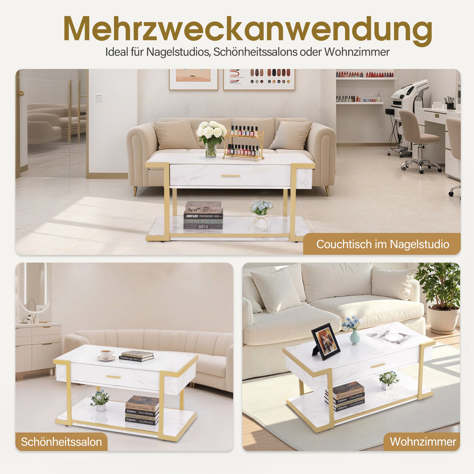 BarberPub Couchtisch Gold, Beistelltisch mit Schublade, Sofatisch mit 2 Ablagen, Moderner Wohnzimmertisch Metall, Kaffeetisch für Wohnzimmer, Schönheitssalon, Marmor-Weiß, 50x100,5x48cm, 2141