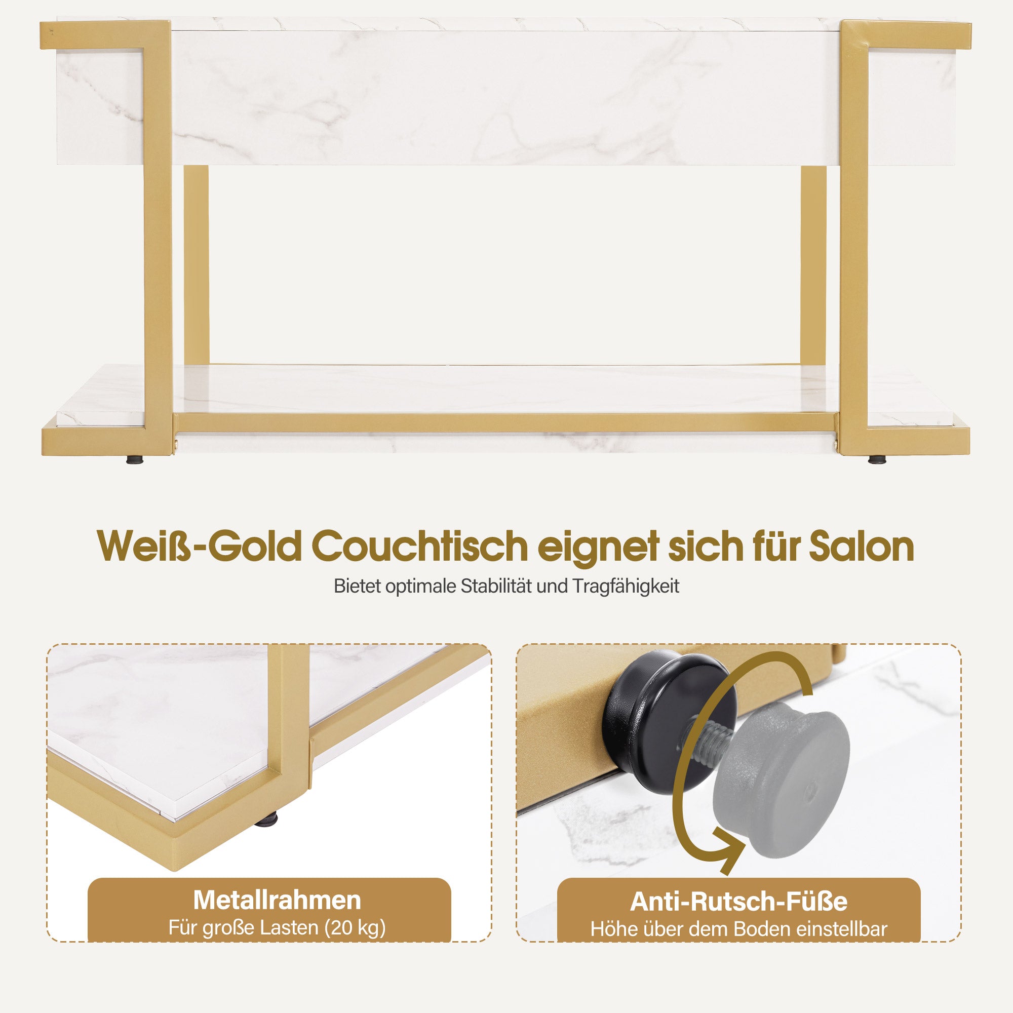 BarberPub Couchtisch Gold, Beistelltisch mit Schublade, Sofatisch mit 2 Ablagen, Moderner Wohnzimmertisch Metall, Kaffeetisch für Wohnzimmer, Schönheitssalon, Marmor-Weiß, 50x100,5x48cm, 2141