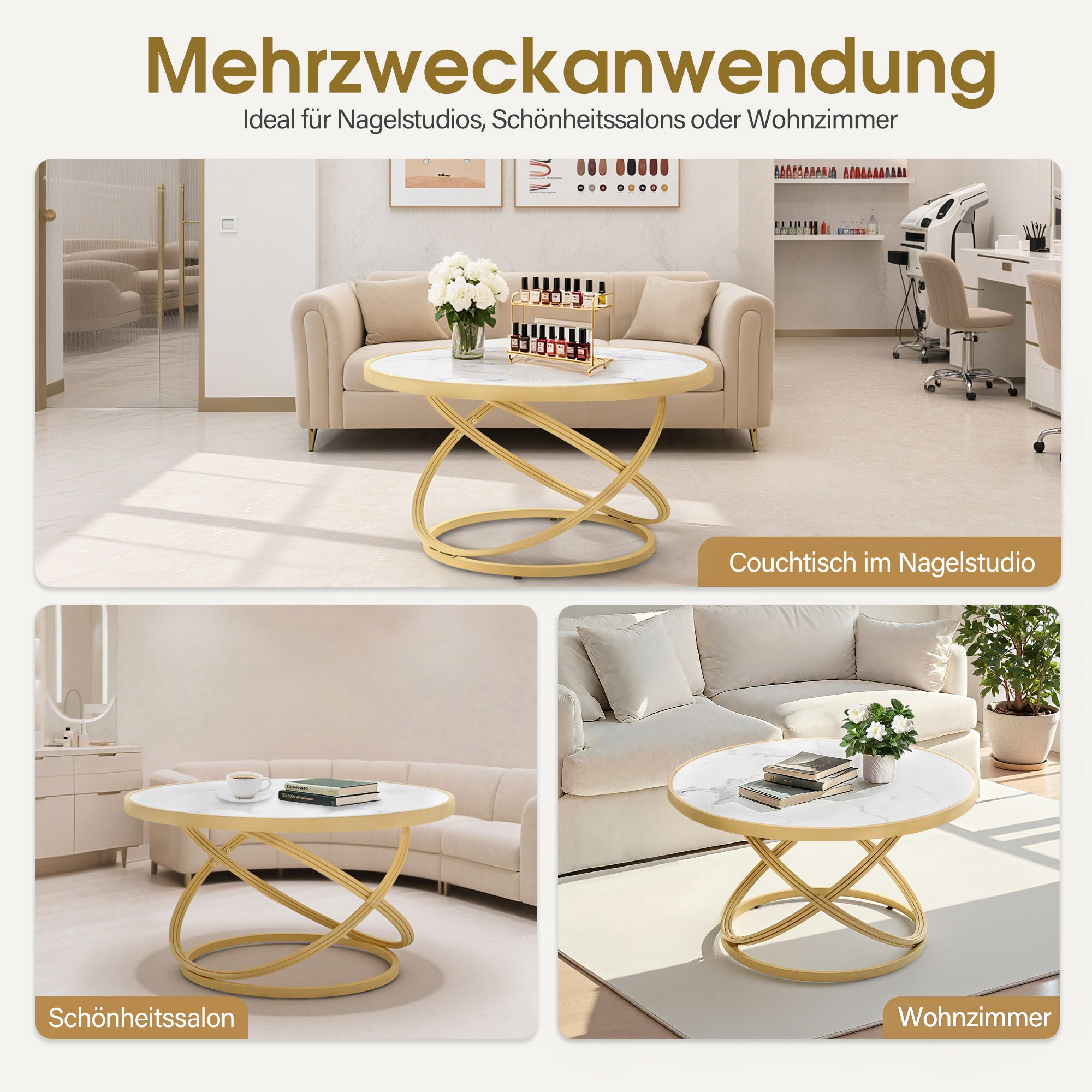 BarberPub Couchtisch Rund Holz, Moderner Sofatisch, Kleiner Beistelltisch Metall, Kaffeetisch für Wohnzimmer, Schönheitssalon, Wohnzimmertisch Marmor-Weiß Gold, 80x80x45cm, 2175