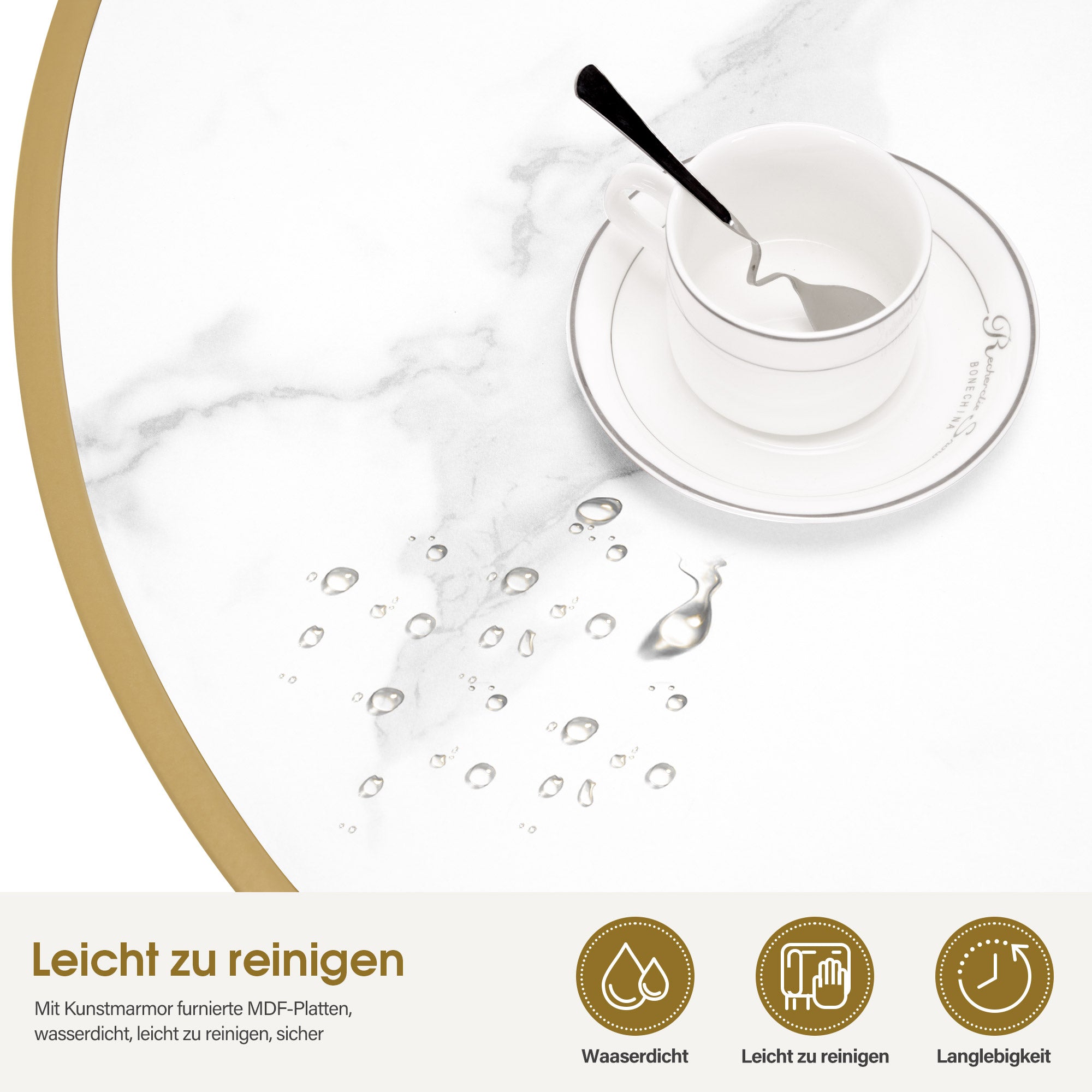 BarberPub Couchtisch Rund Holz, Moderner Sofatisch, Kleiner Beistelltisch Metall, Kaffeetisch für Wohnzimmer, Schönheitssalon, Wohnzimmertisch Marmor-Weiß Gold, 80x80x45cm, 2175
