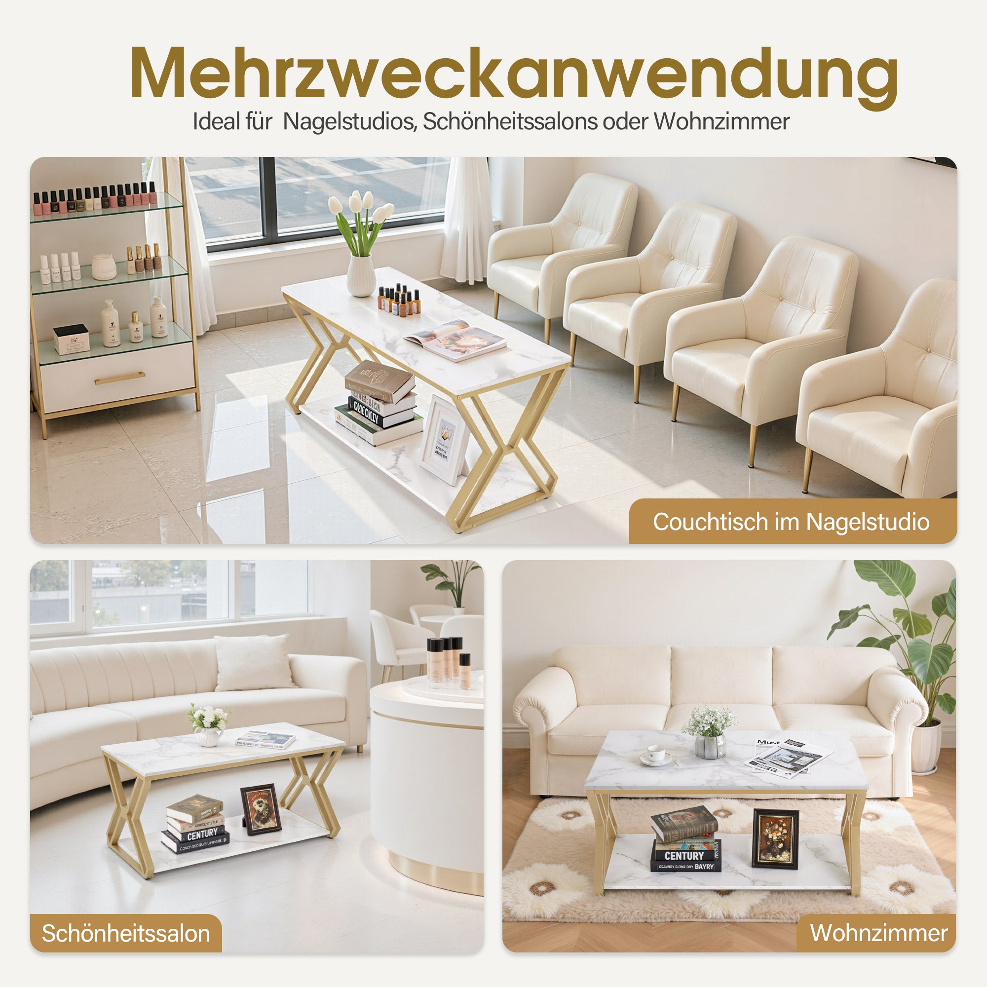 BarberPub Couchtisch Gold, Beistelltisch mit 2 Ablagen, Sofatisch aus Holz, Moderner Wohnzimmertisch Metall, Kaffeetisch für Wohnzimmer, Schönheitssalon, Marmor-Weiß, 50x100x48cm, 2196