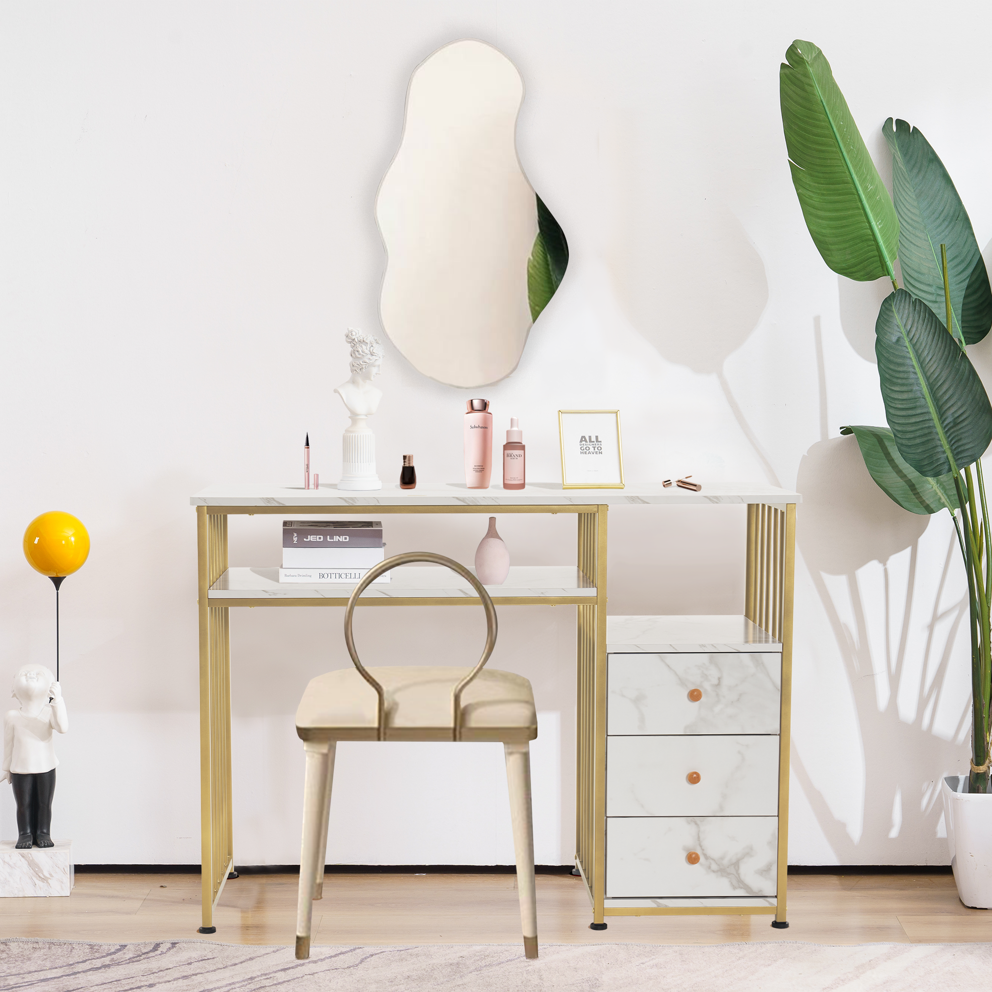 Bureau de barbier avec tiroirs, coiffeuse sans miroir, table à ongles en bois avec cadre en métal, table d'ordinateur pour le salon, moderne, 109 x 45,5 x 81 cm, 2407