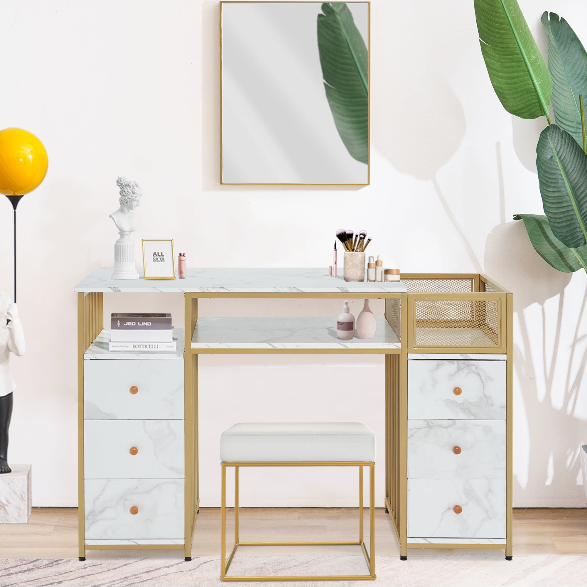 Coiffeuse Barberpub avec 6 tiroirs, table à ongles en bois et structure en métal, table de manucure, sans miroir, moderne, 46 x 125 x 81 cm, 2425
