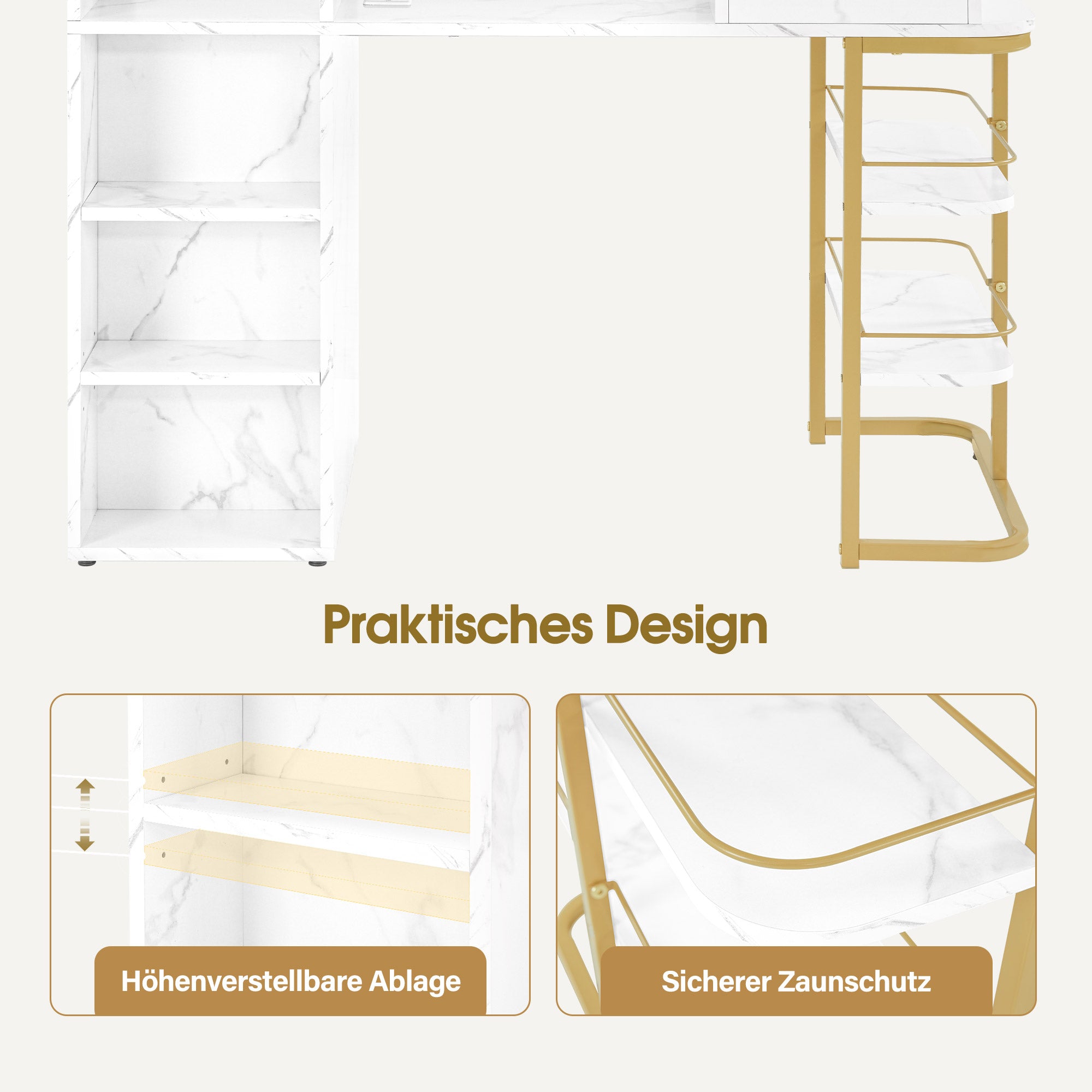 BarberPub Maniküretisch mit 4 Schubladen, 1 Regal & 5 Ablagen, Nageltisch mit Absaugung, 2 Staubsaugerbeuteln, Nagelfrisiertisch Holz, Schreibtisch für Nagelstudio, Marmor-Weiß Gold, 55x112x80cm, 2464