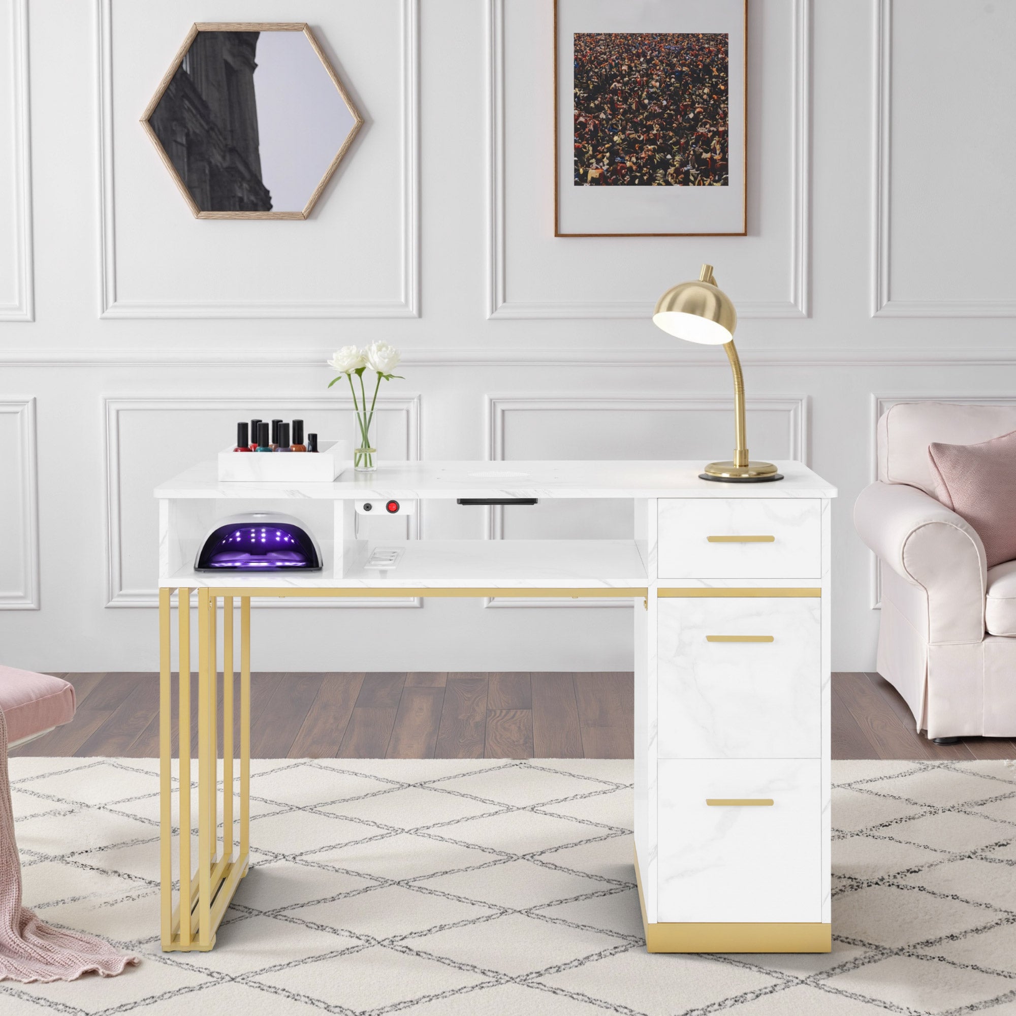 Table de manucure BarberPub avec 3 tiroirs et 2 étagères, table à ongles avec extracteur, 2 sacs d'aspirateur, table de salon de manucure en bois, bureau pour salon de manucure, marbre blanc doré, 57 x 112 x 80 cm, 2472