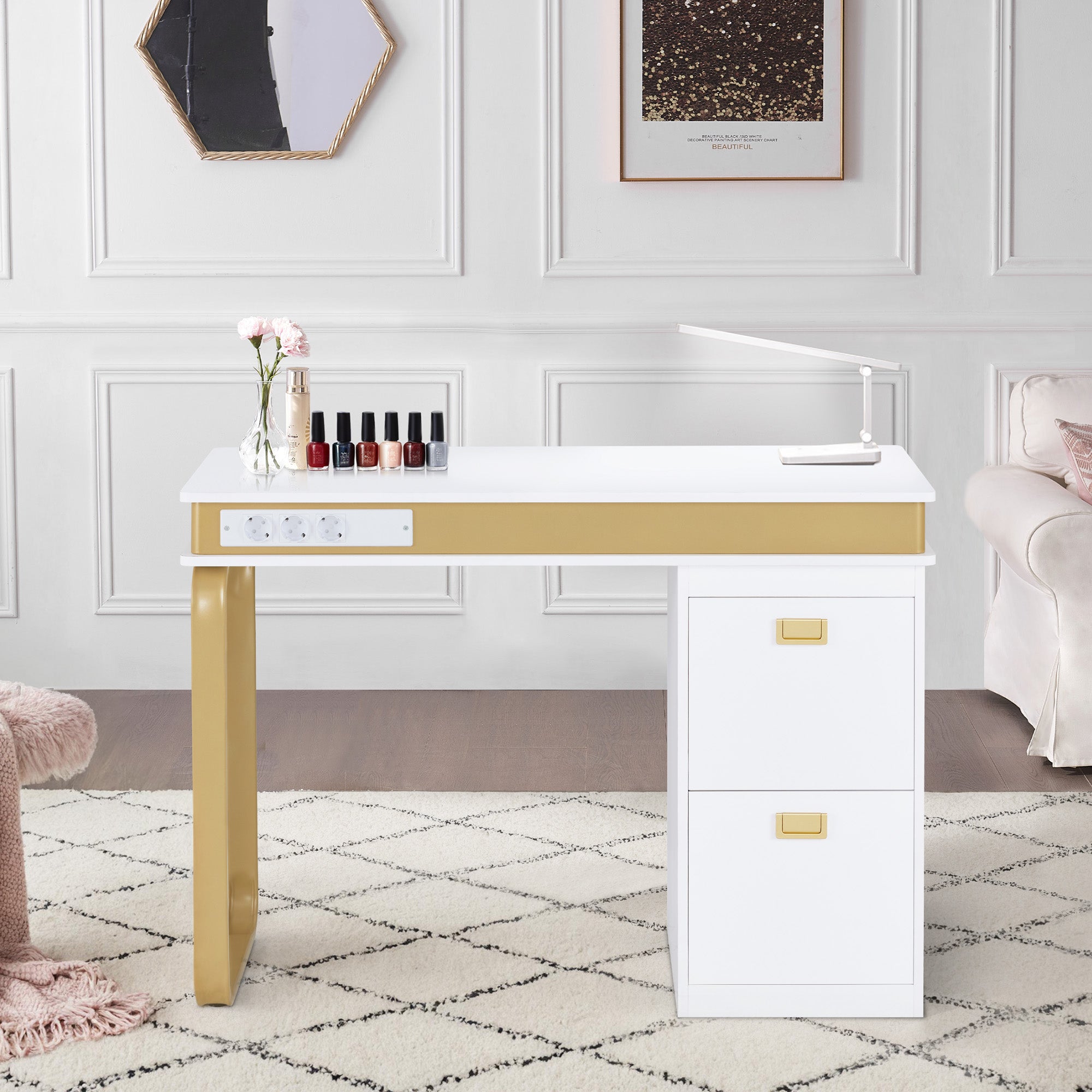 Bureau BarberPub avec tiroirs pour salon de manucure, table de manucure 3 prises, coiffeuse sans miroir, blanc-doré, table à ongles en bois avec cadre en métal, table de salon de manucure, 50 x 110 x 80,5 cm, 2484
