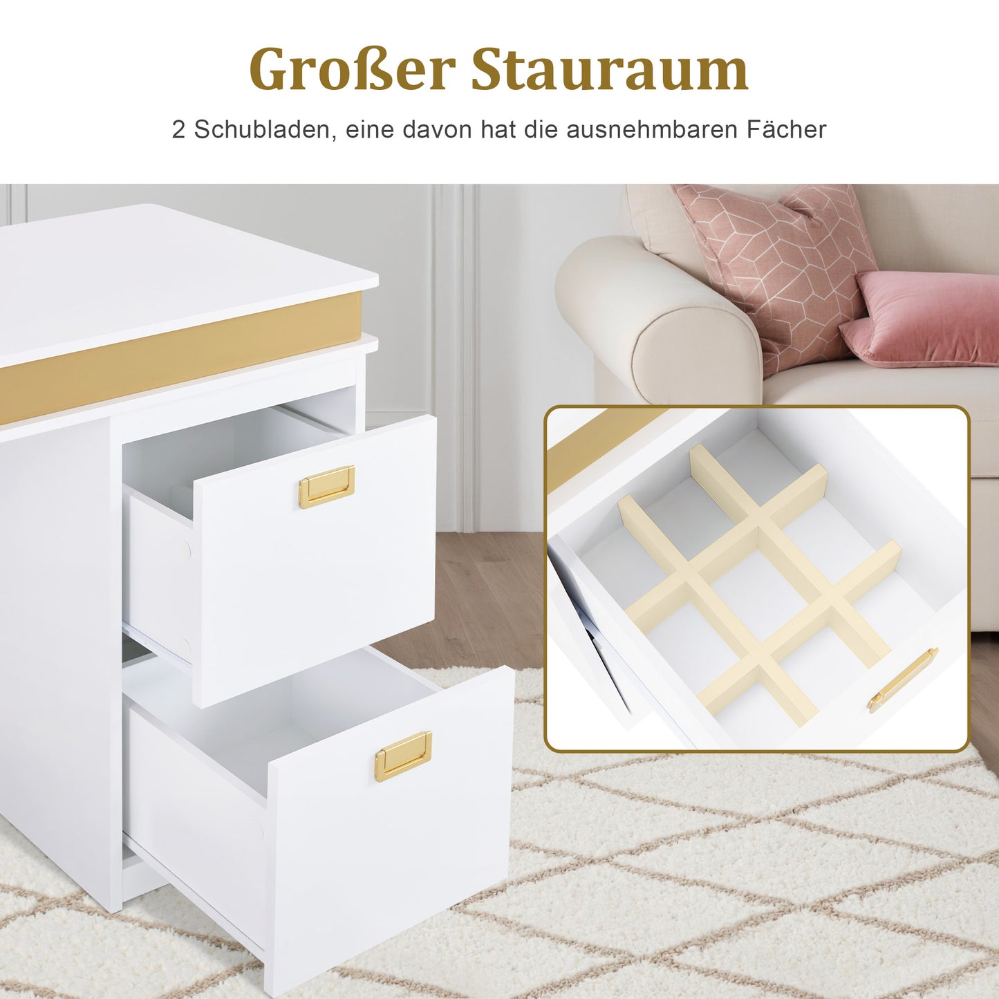 BarberPub Schreibtisch mit Schubladen für Nagelstudio, Manikürtisch mit 3 Steckdosen, Schminktisch ohne Spiegel Weiß-Gold, Nageltisch aus Holz Metallgestell, Nagelfrisiertisch, 50x110x80,5cm, 2484